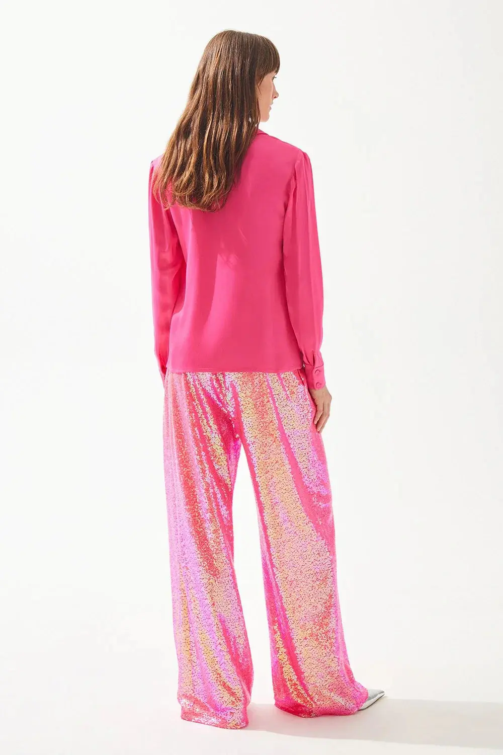 Satin Shirt with Crystal Collar Button – Fuchsia, photo 4
