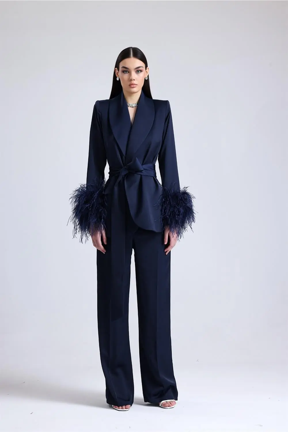 Luminara Feather-Sleeve Set — Navy Blue