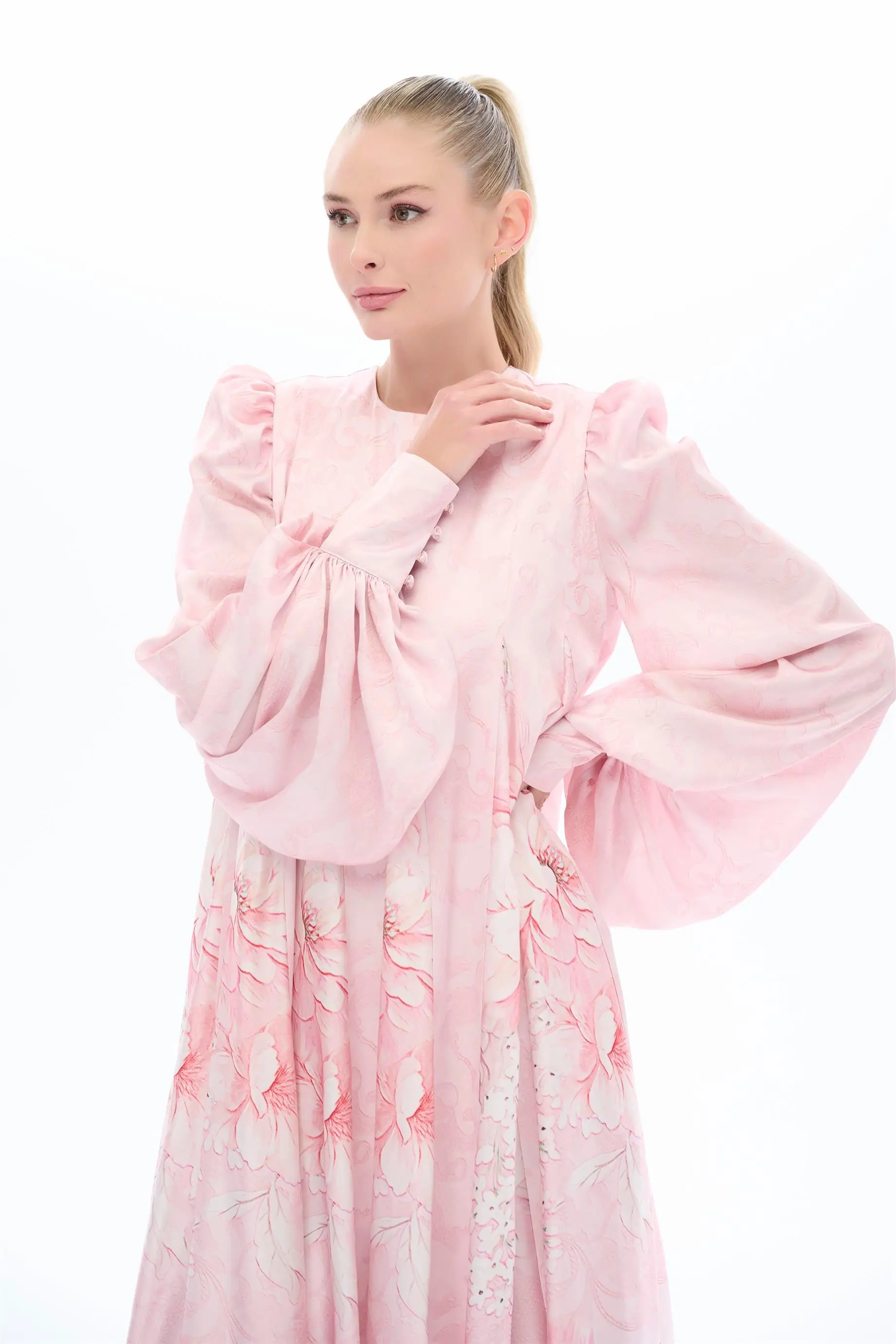 ARASI ÇİÇEK DESENLİ PARÇALI ELBİSE Pembe, photo 2