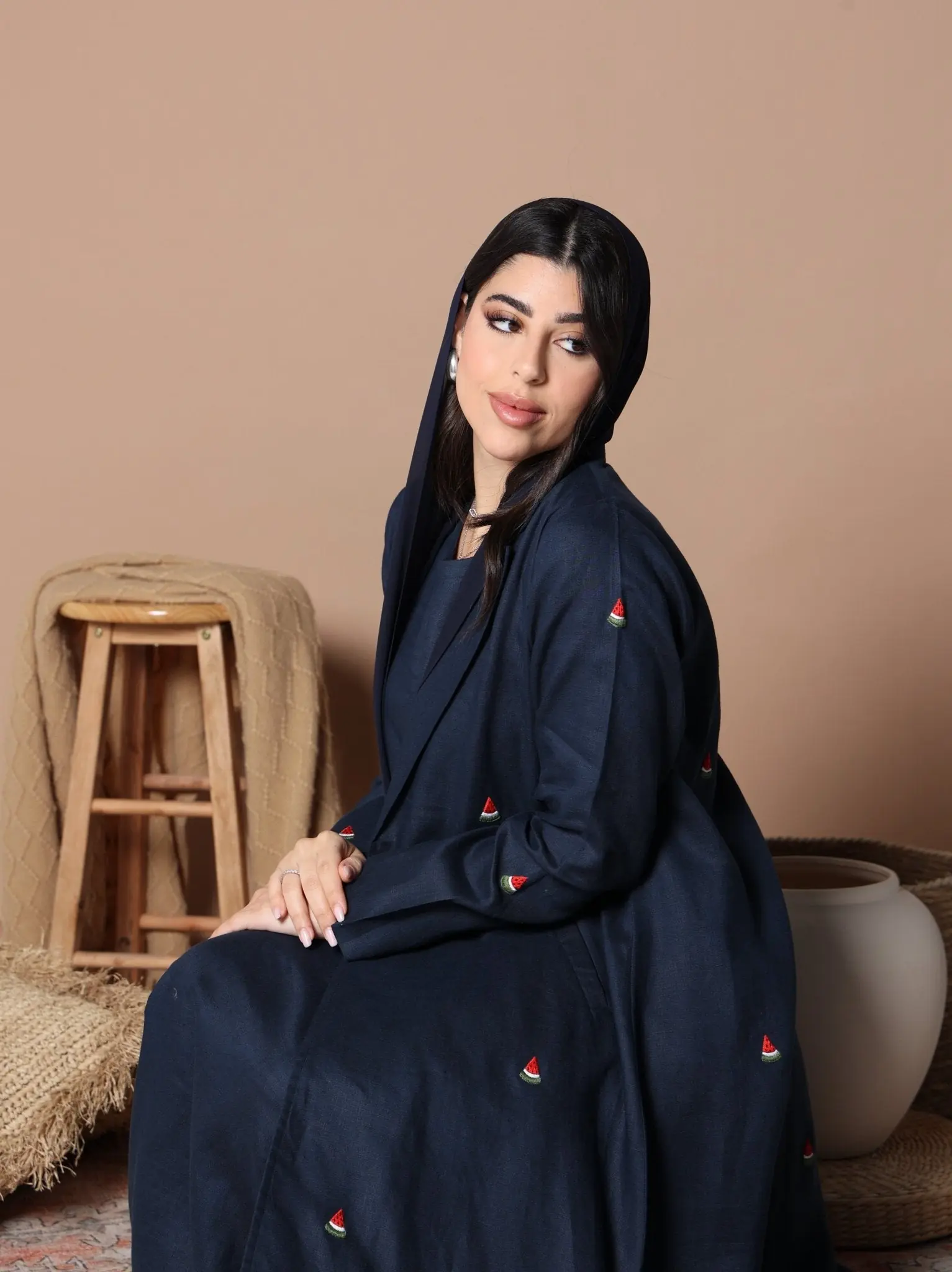 Watermelon Linen Abaya Navy Blue, photo 4