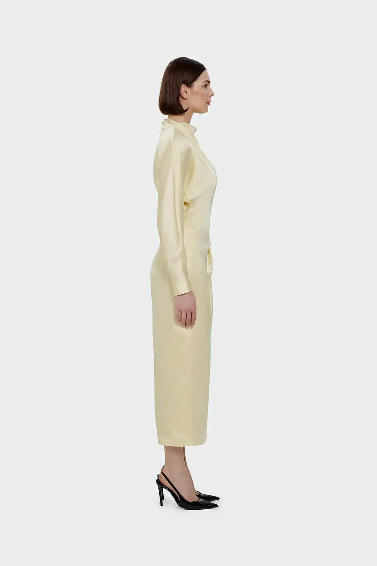 Ruched Waist Satin Midi Dress - Yellow, photo 4