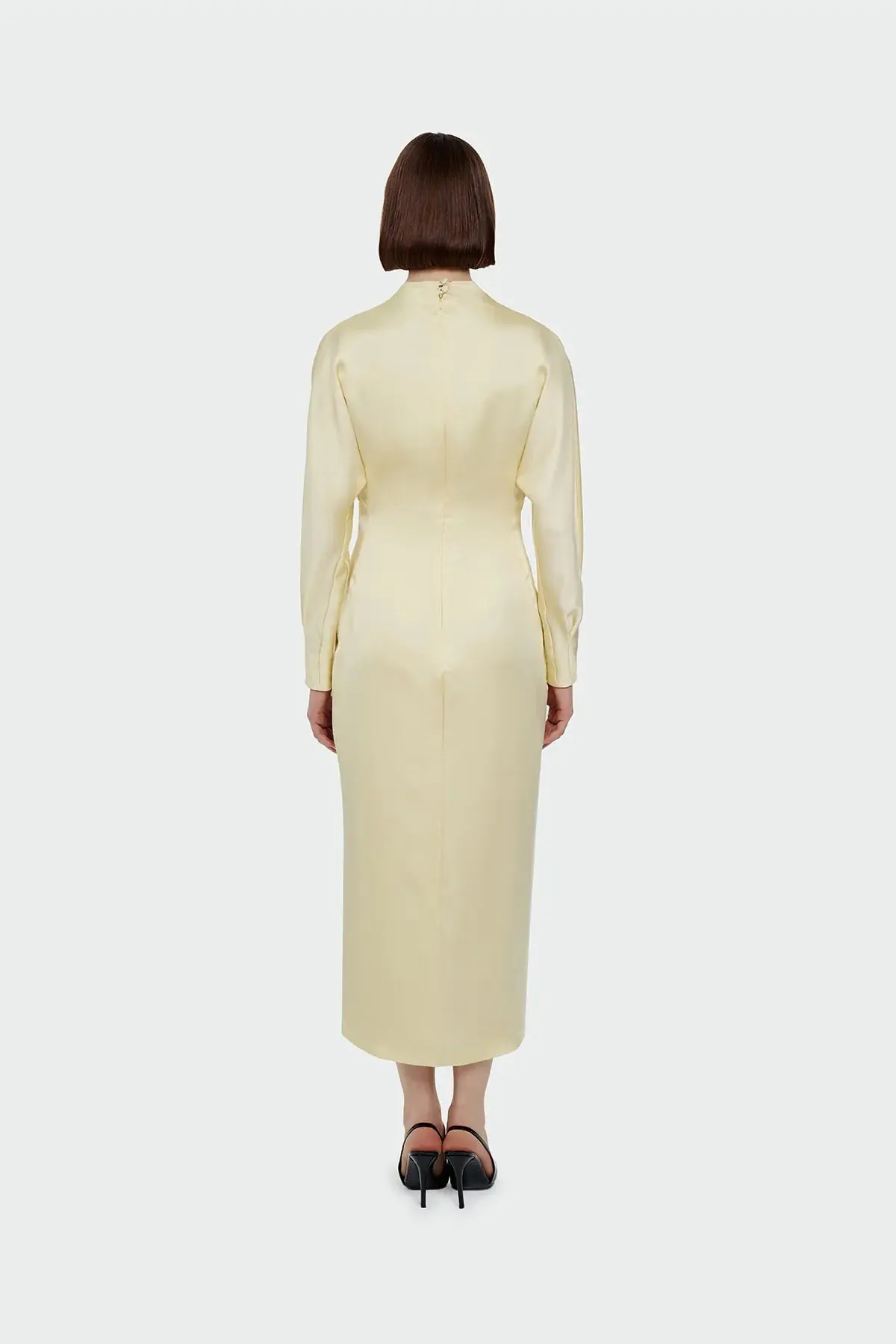 Ruched Waist Satin Midi Dress - Yellow, photo 3