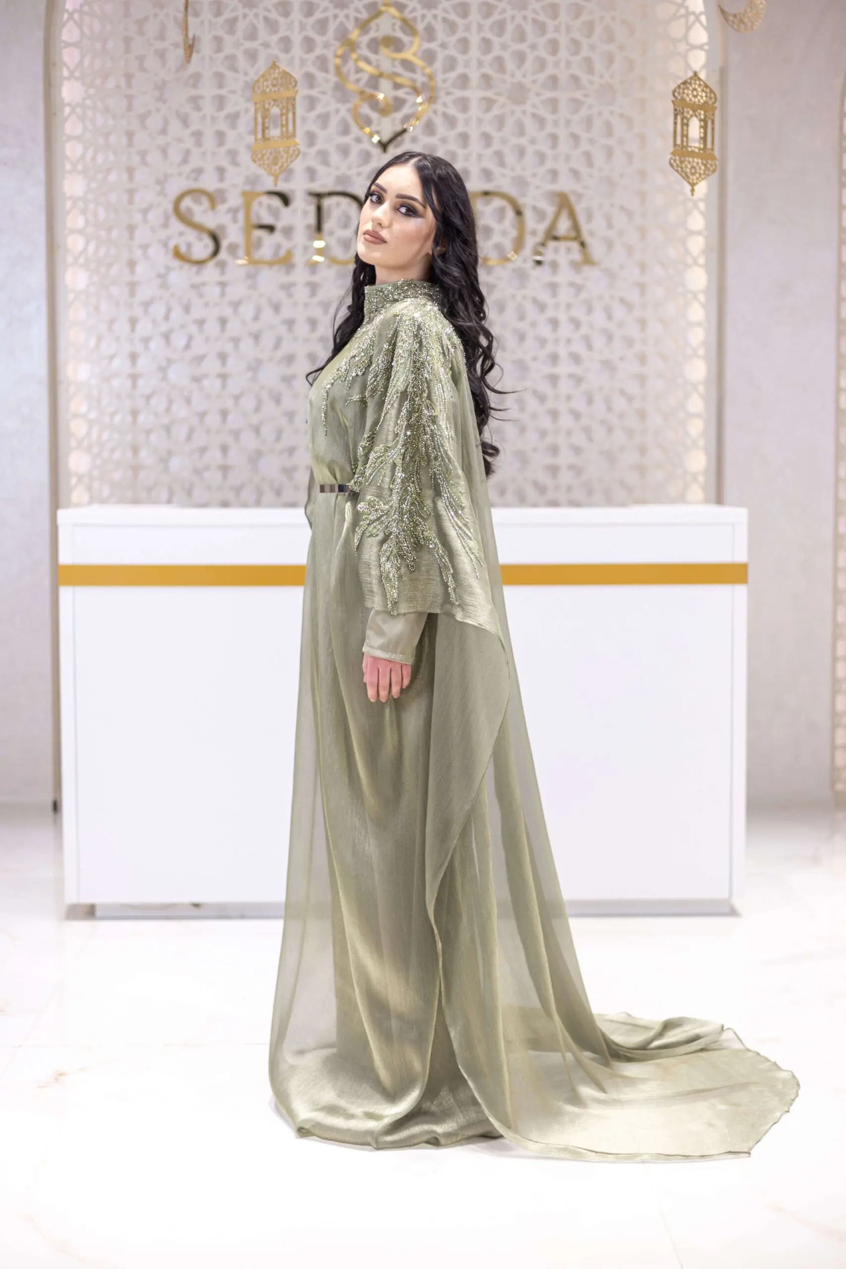 Desert Bloom Embellished Abaya – Olive Green, photo 4
