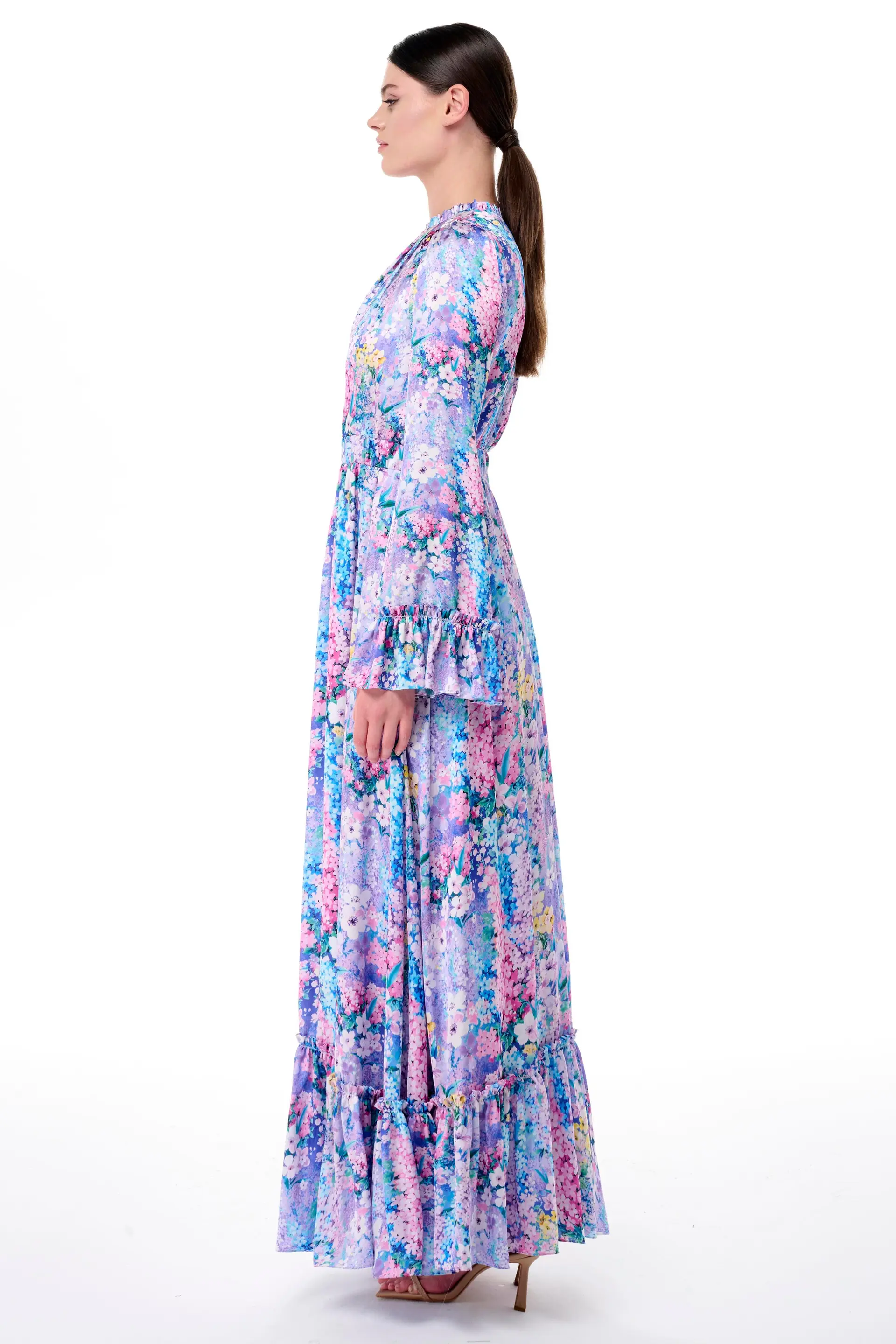 Gathered Neck & Cuff Floral Maxi Dress – Lilac, photo 3