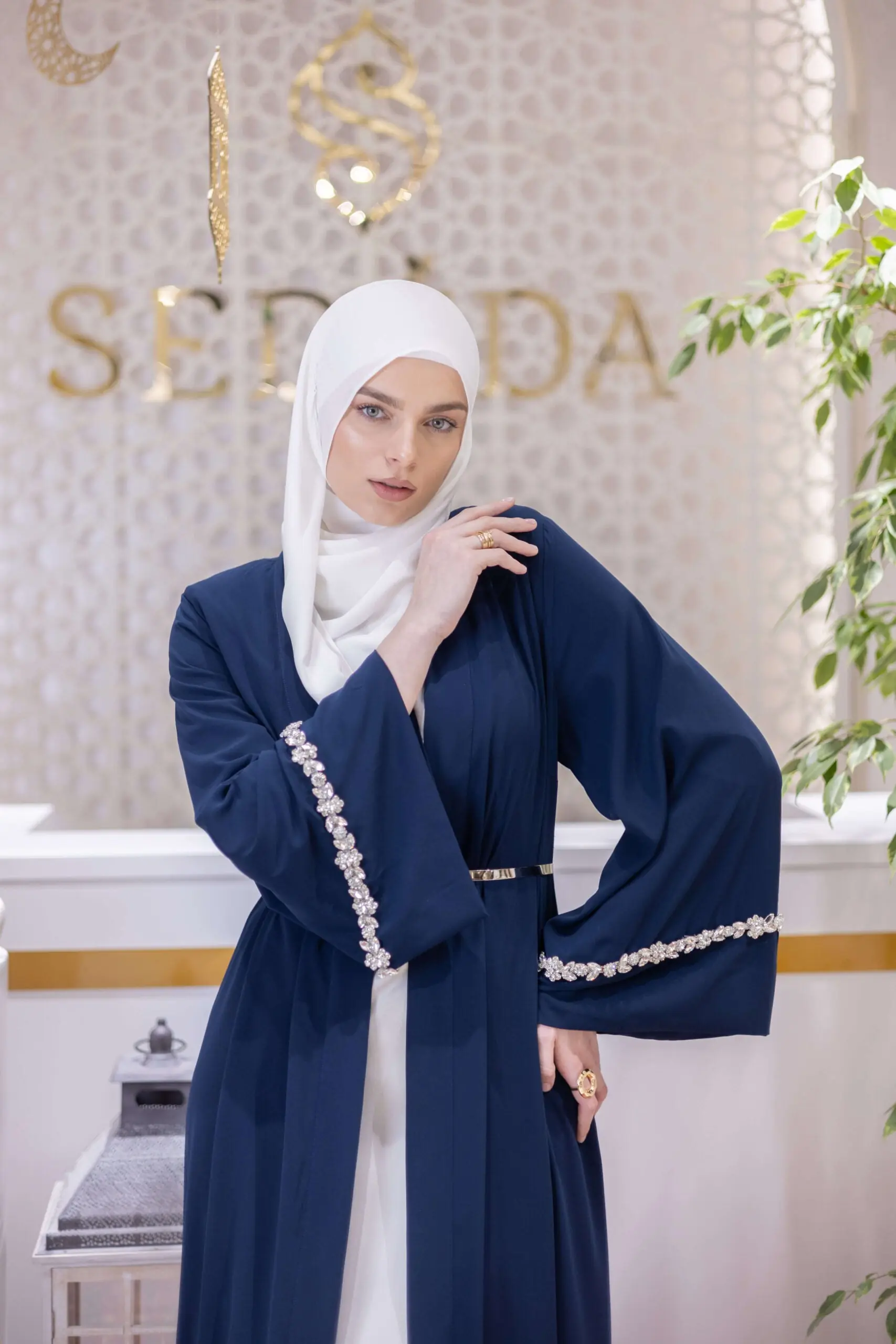 Opulent Silk Embellished Abaya – Navy, photo 2