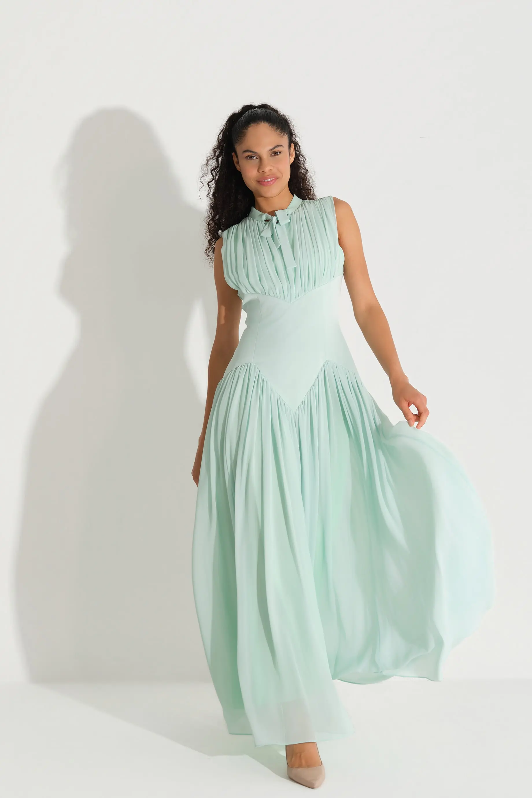 Bow-Neck Corset-Detail Chiffon Dress - Mint, photo 2