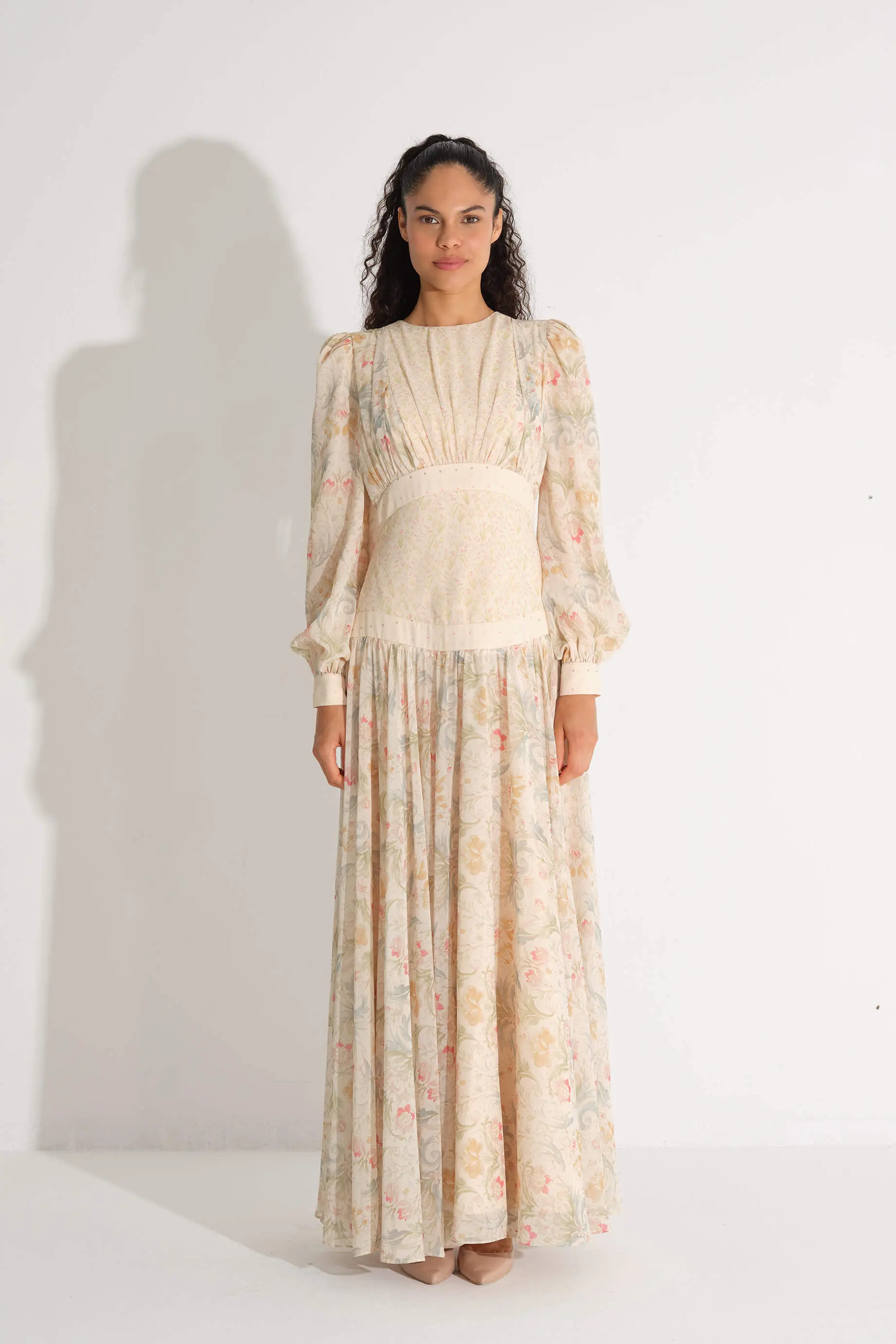 Corset Waist Chiffon Dress – Cream