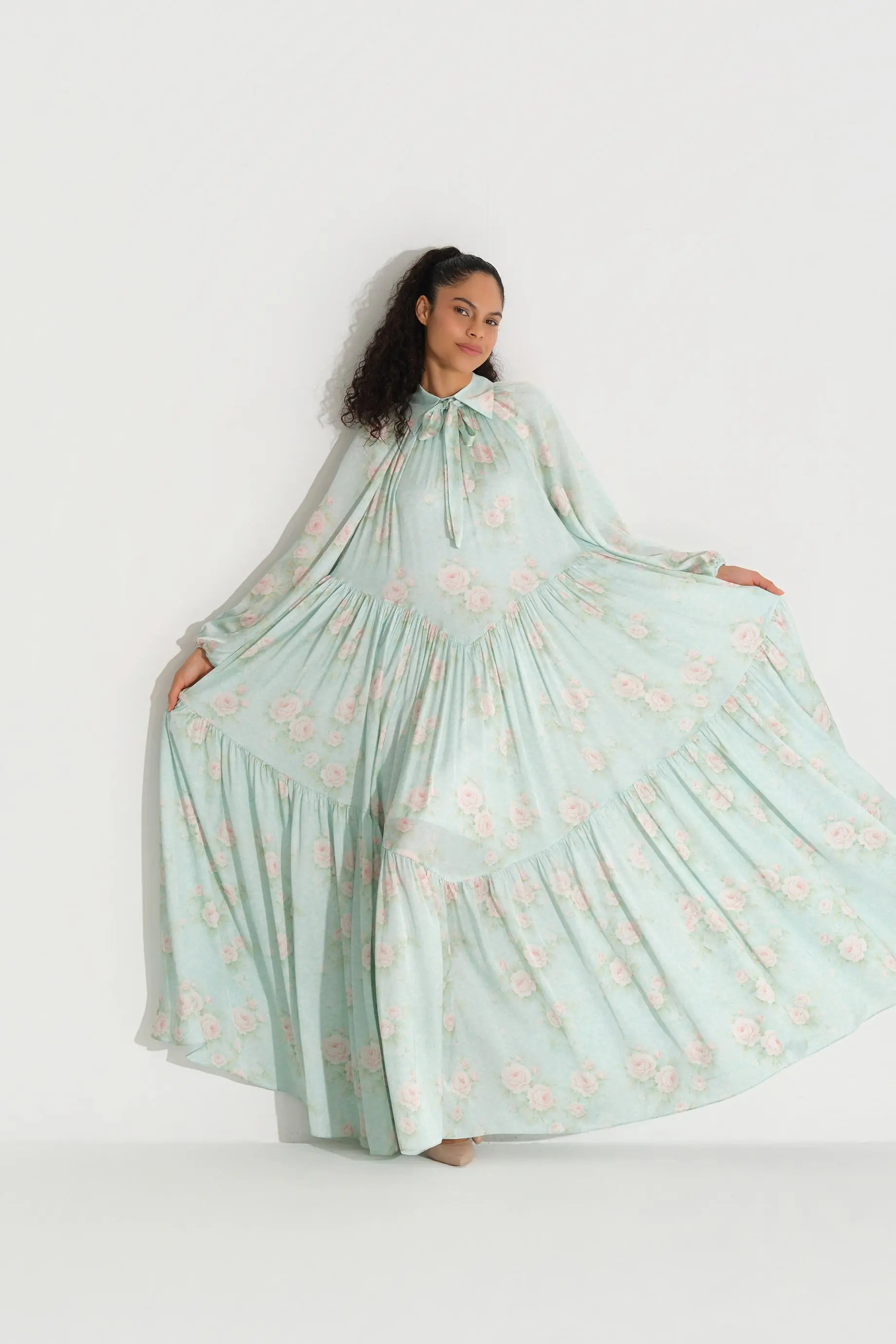 Bow-Neck Floral Chiffon Satin Dress – Green, photo 6