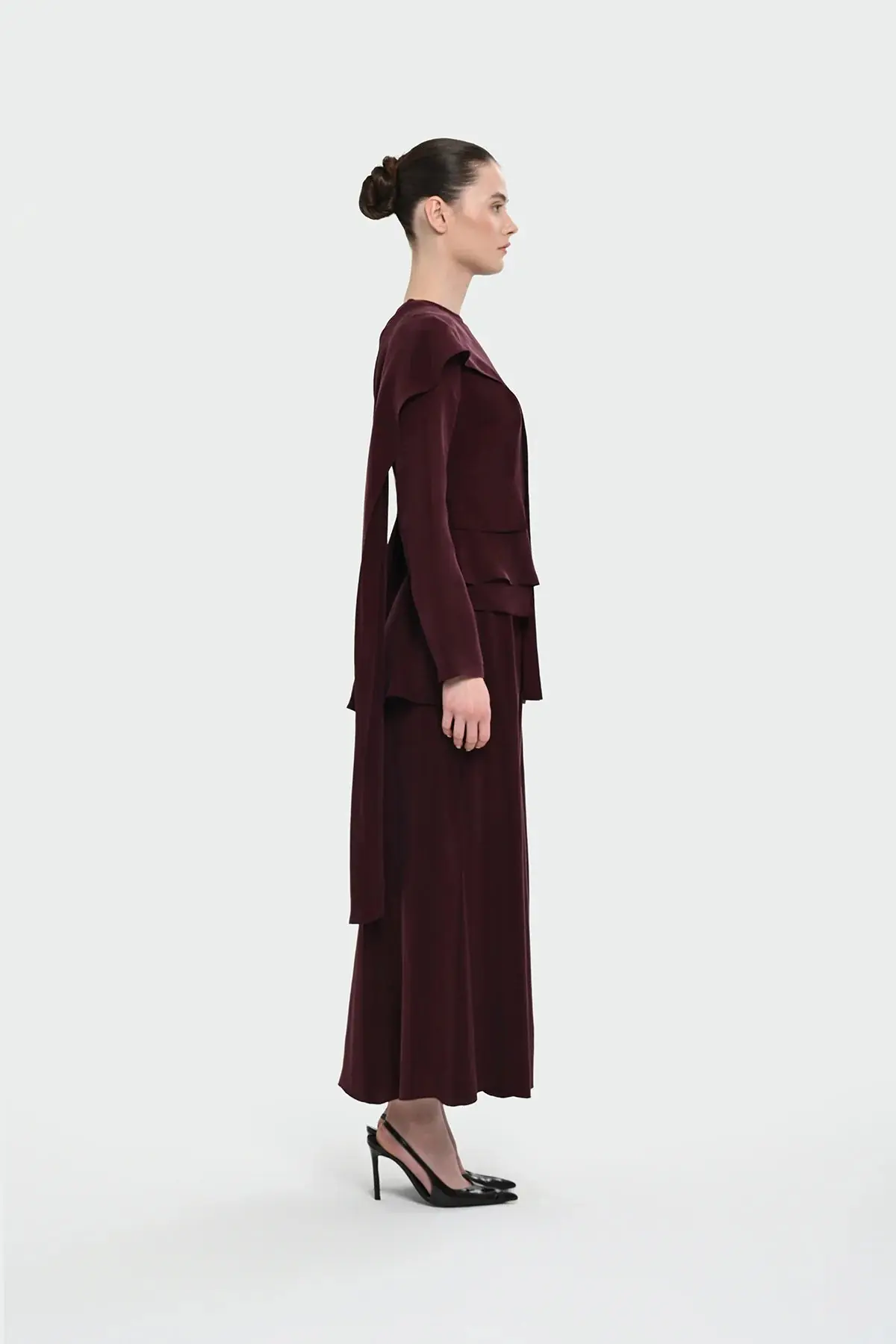 Asymmetric Draped Blouse & Wide-Leg Trouser Set - Burgundy, photo 4