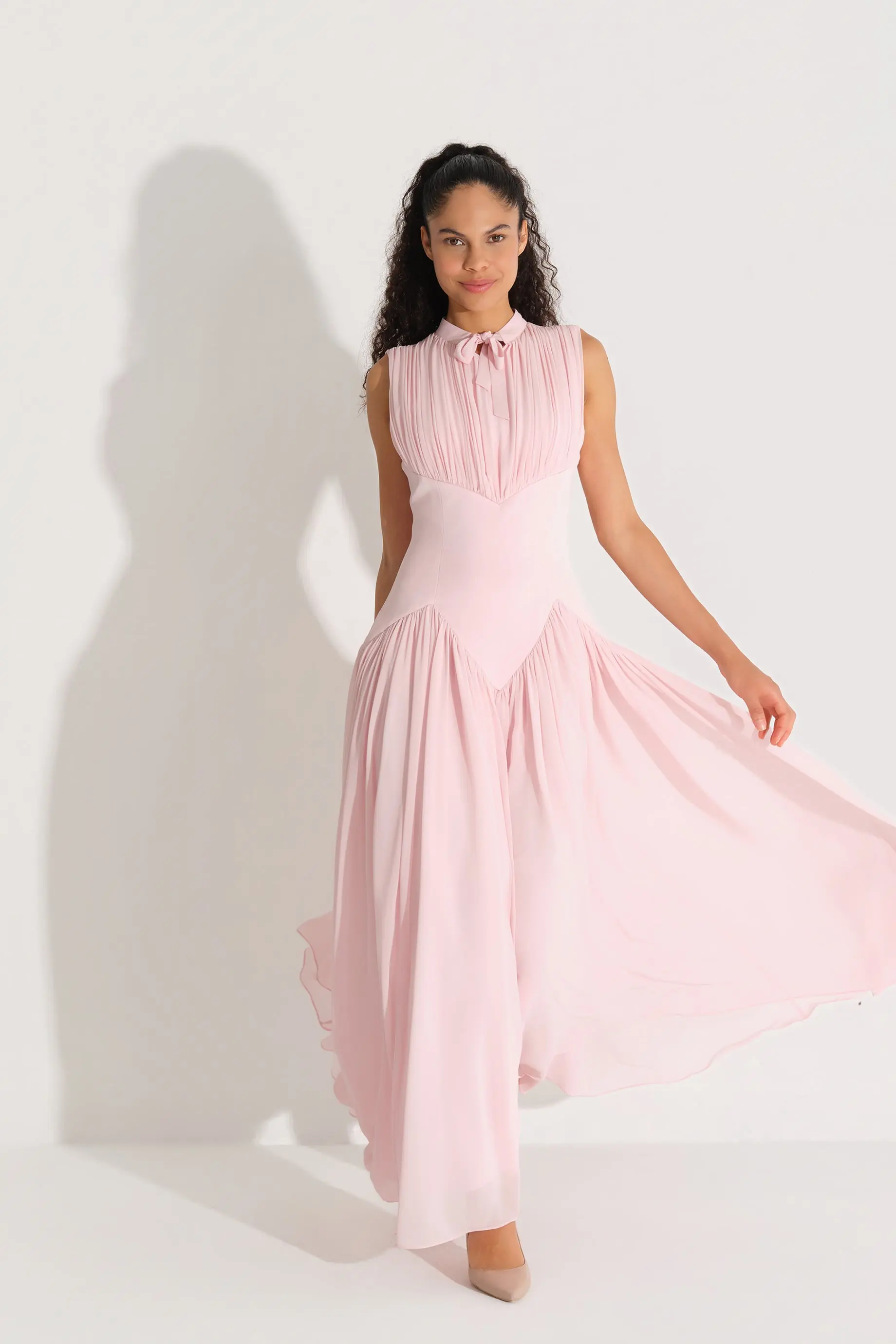 Bow-Neck Corset-Detail Chiffon Dress - Pink, photo 2