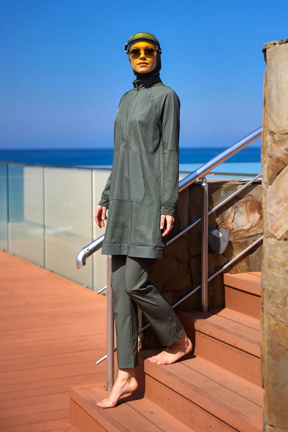 Khaki Full Coverage Tulle Detail Modest Swimwear Burkini Set M2534-3, photo 2