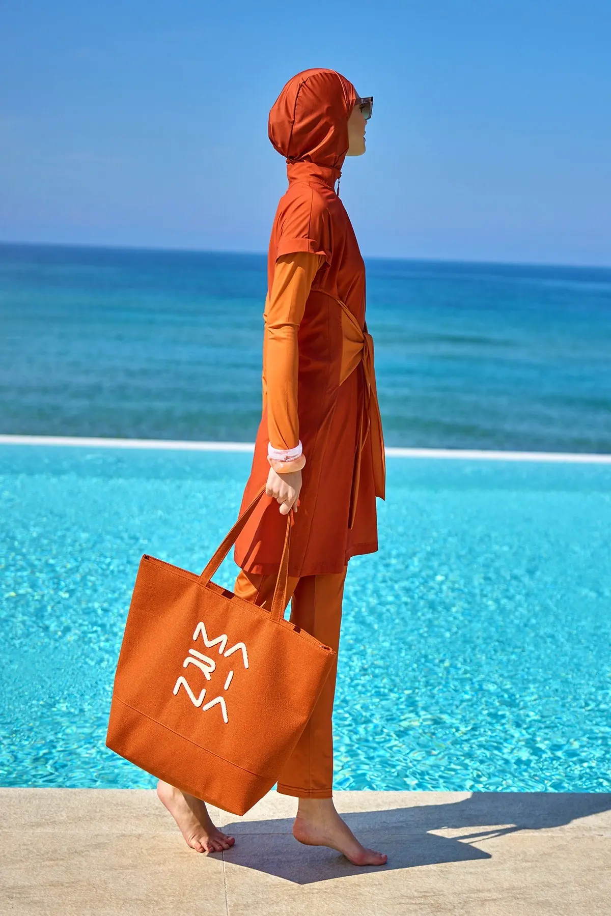 Full Coverage Islamic Swimsuit with Waist Tie - Orange, photo 4