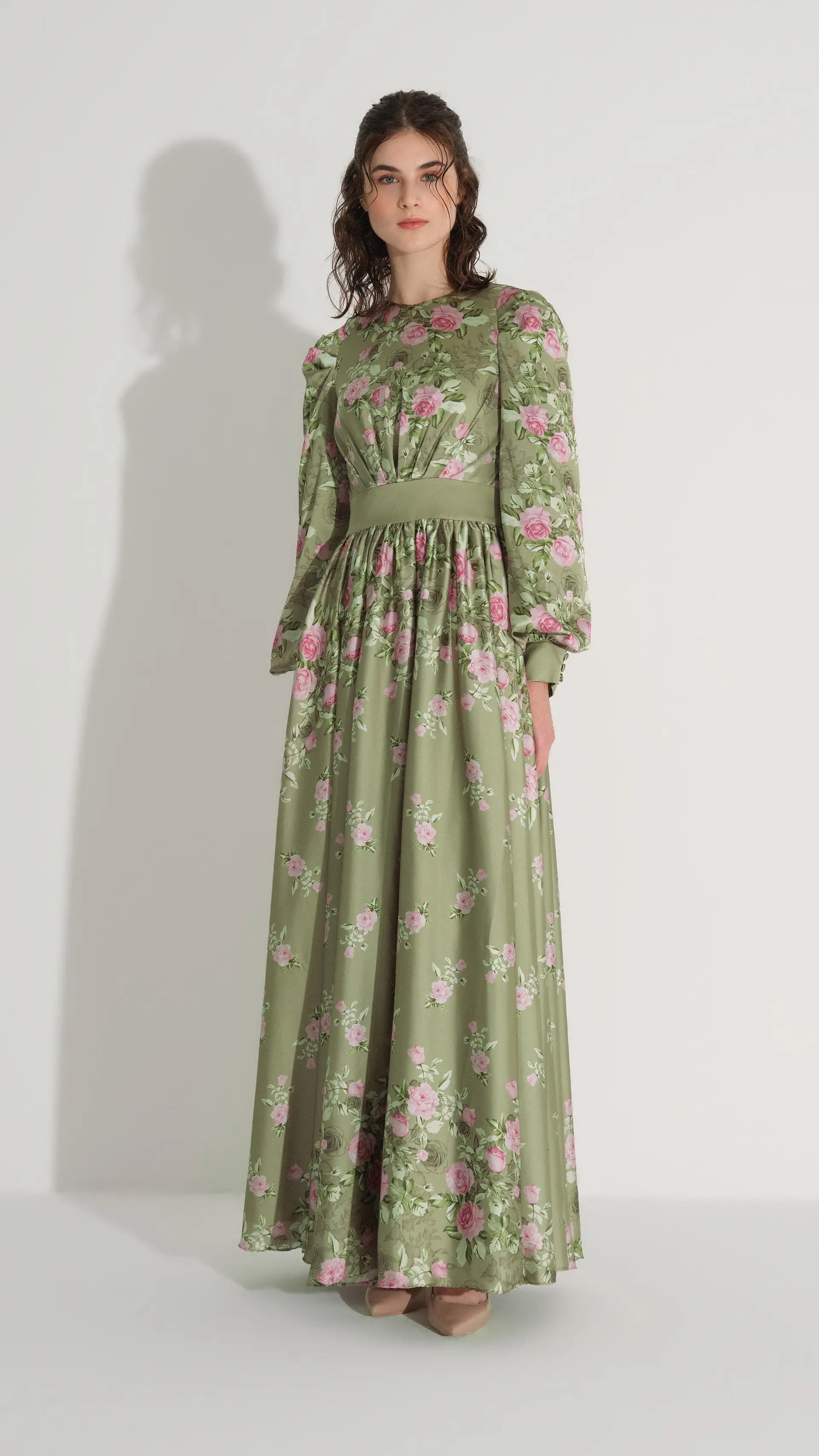 Floral Satin A-Line Dress – Green