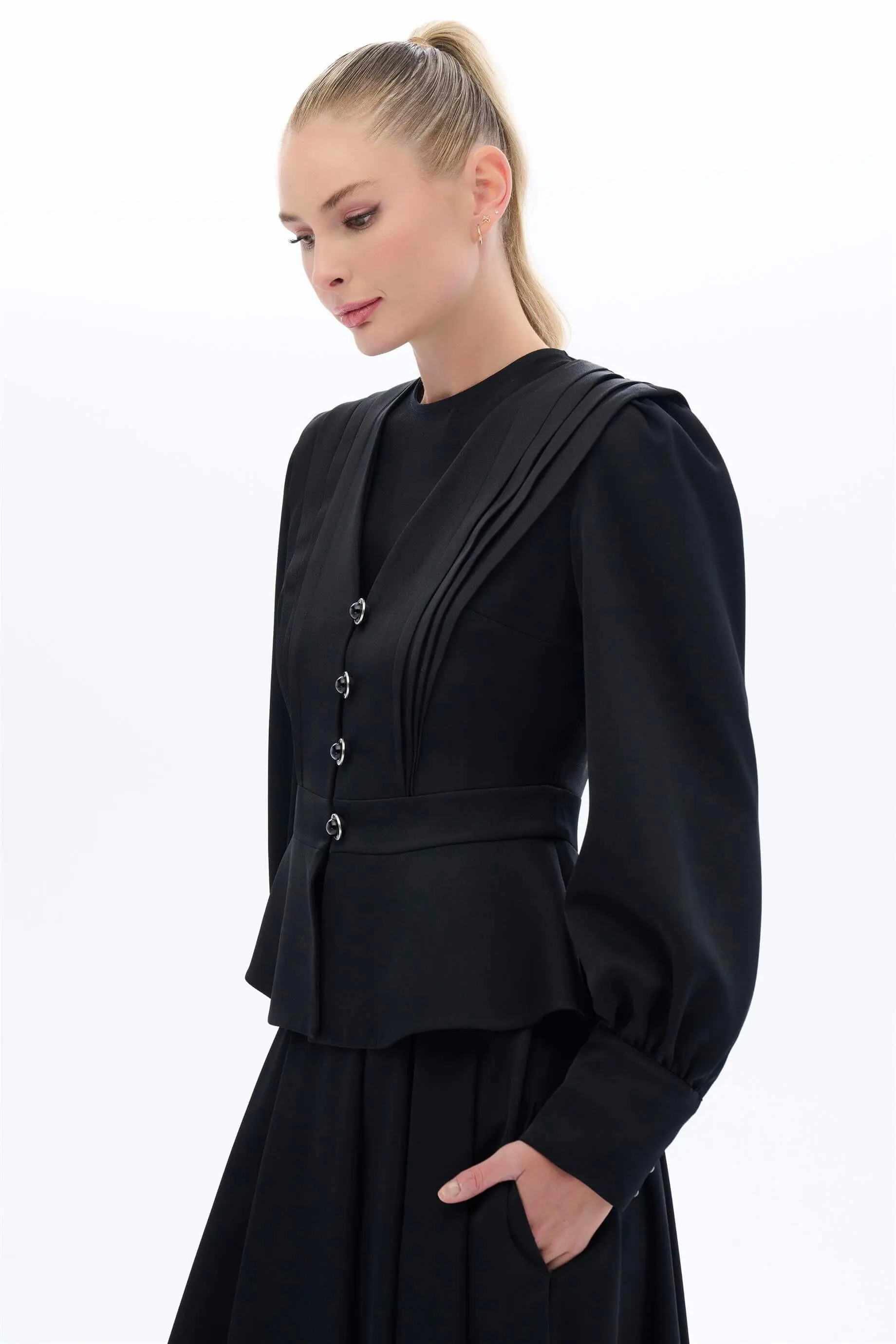 Vintage-Inspired Pleated Skirt & Blouse Set – Black, photo 2