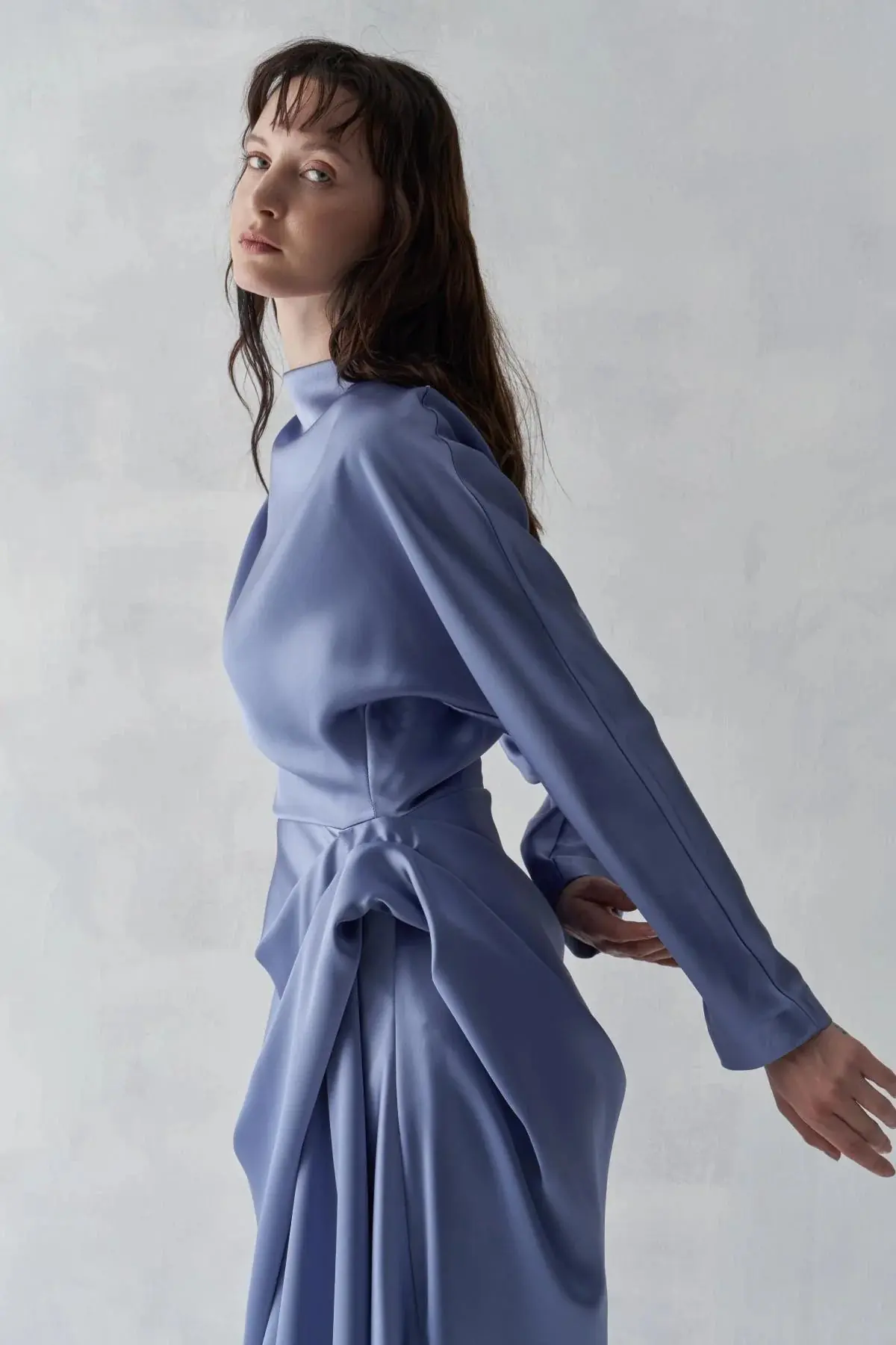 Asymmetric Draped High-Neck Satin Long Evening Dress - Blue, photo 3
