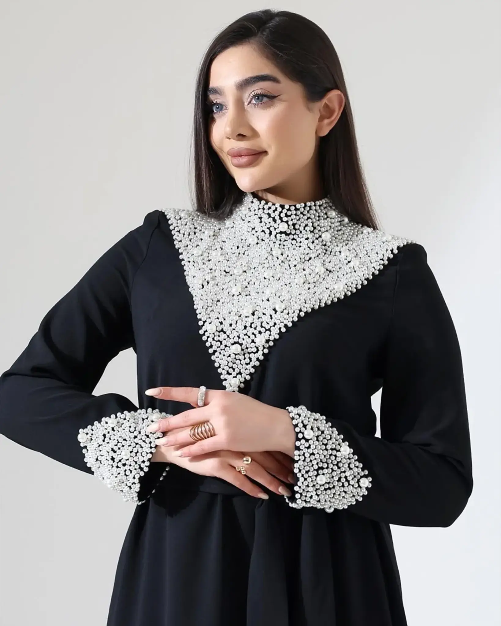 Celina Pearl-Embellished Satin Dress – Black, photo 6