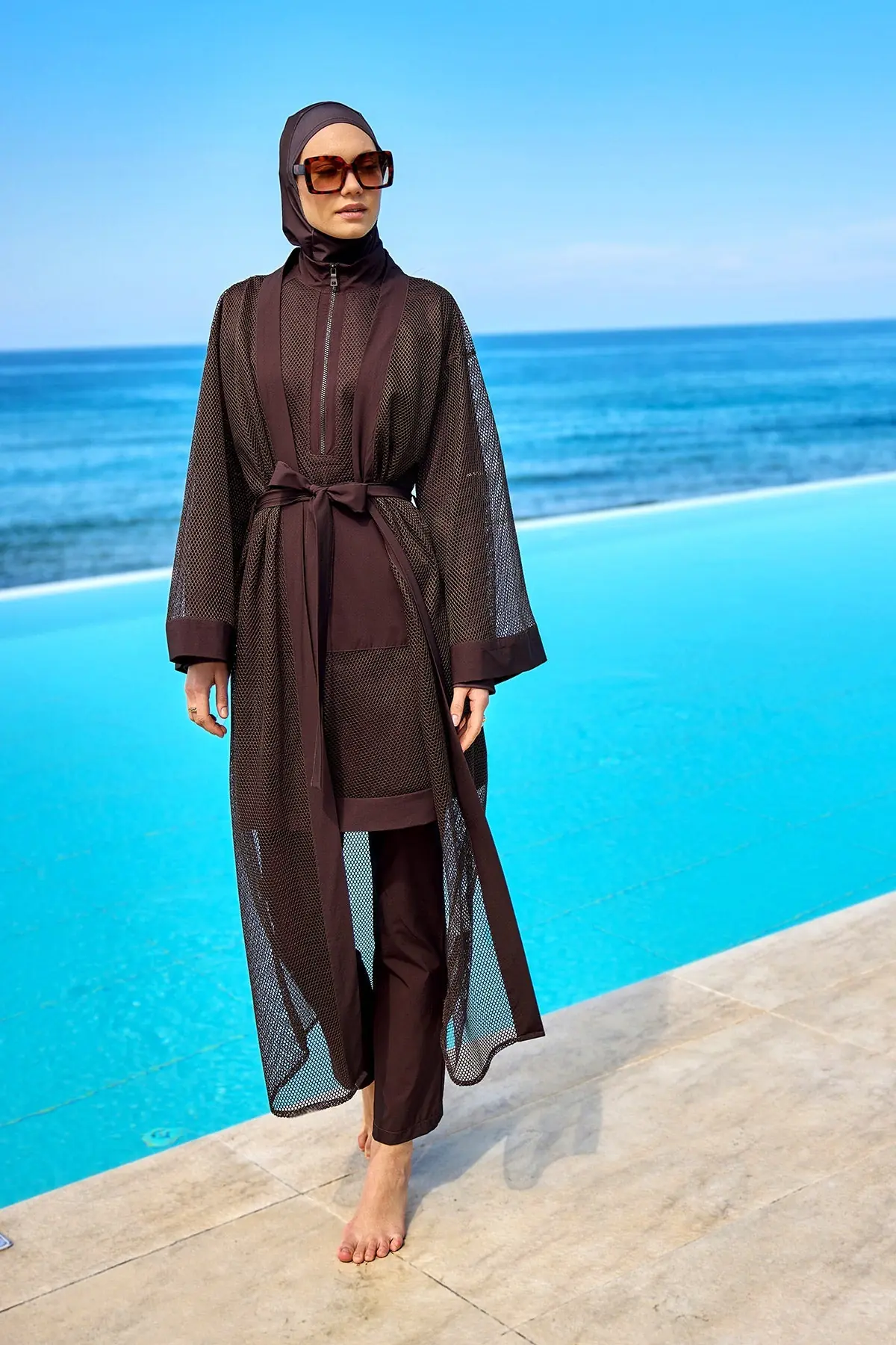 Full Coverage Tulle Detail Modest Swimwear Burkini Set - Brown, photo 8