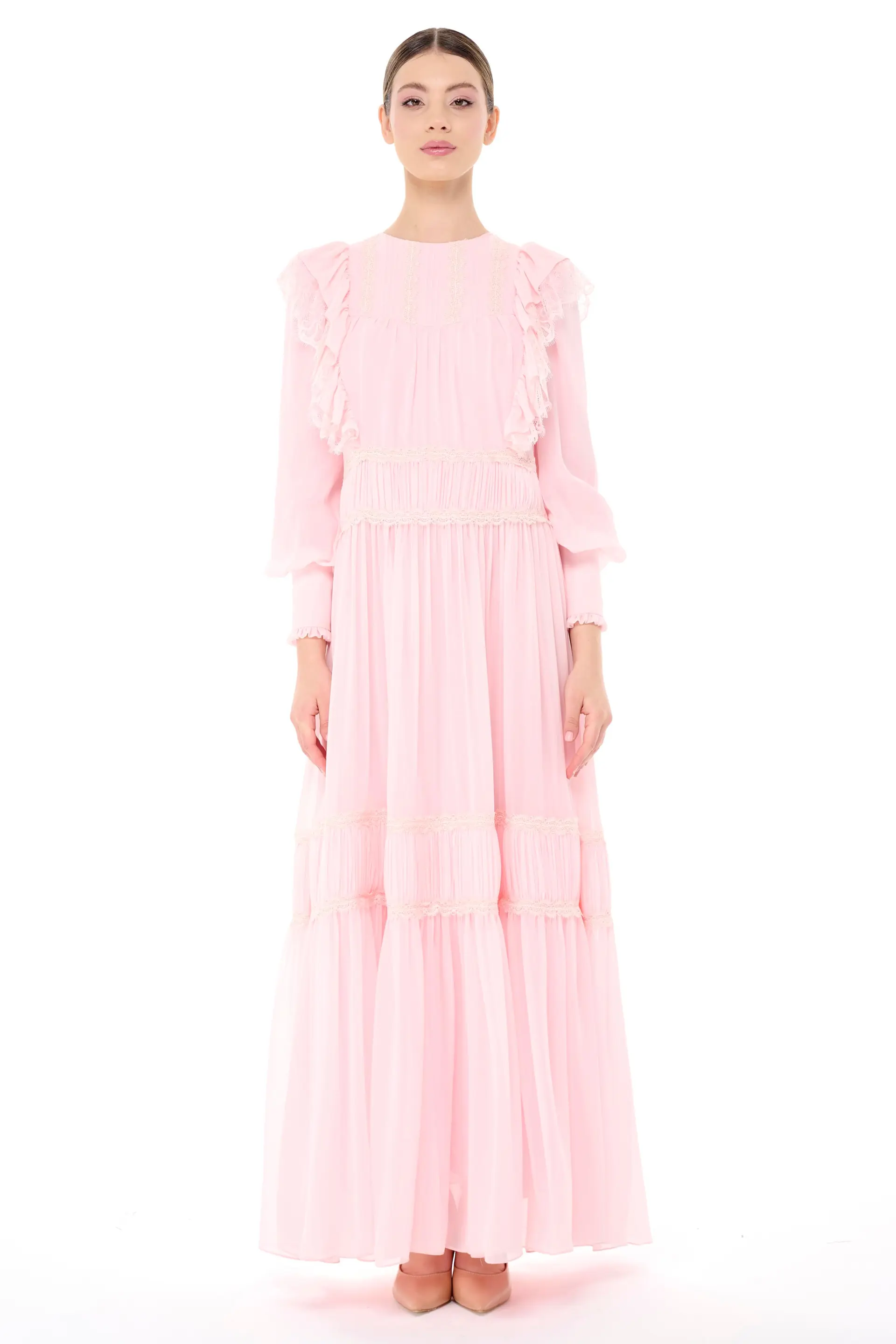 Lace Trim Gathered Tiered Dress – Powder Pink