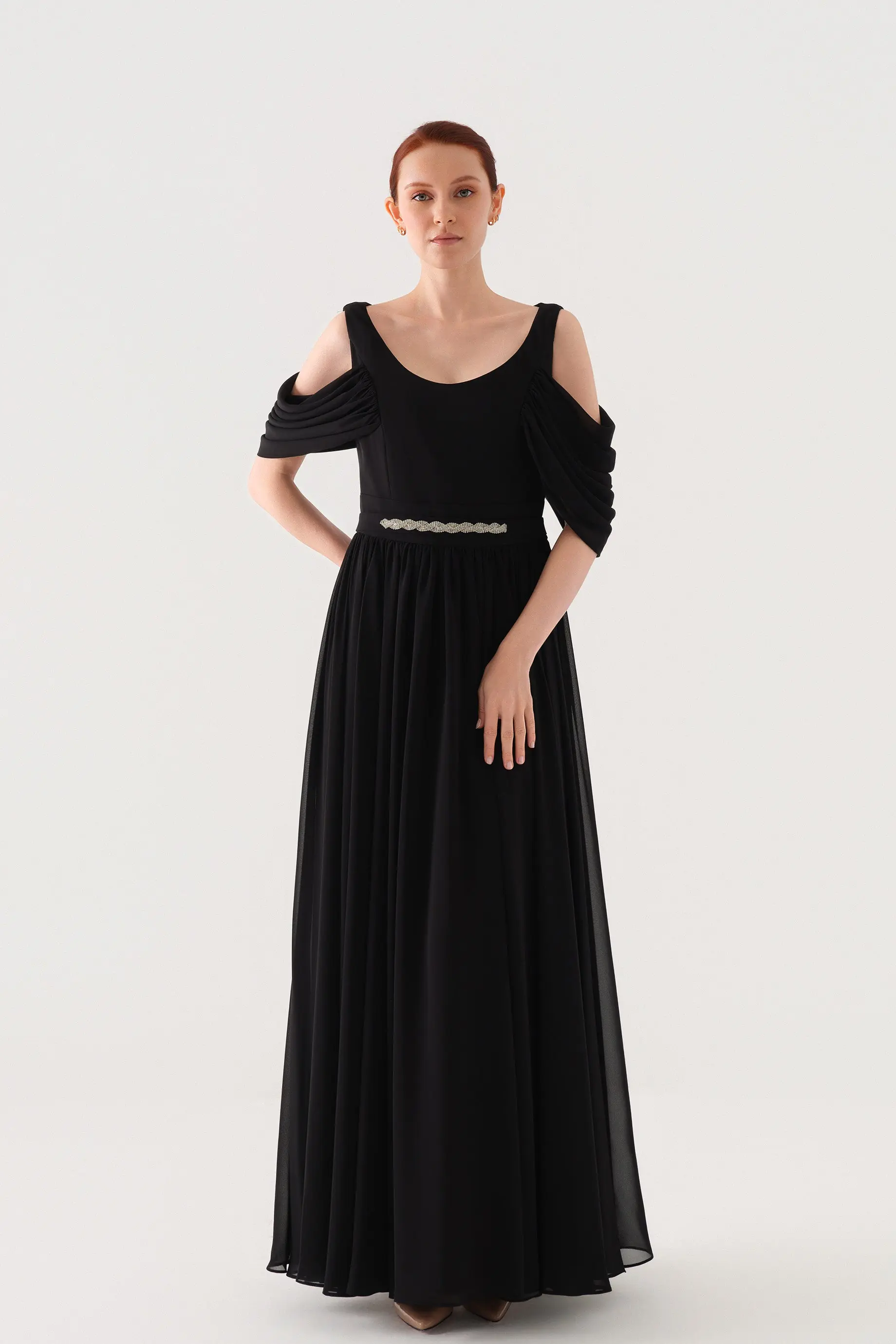 Embellished-Belt Draped Chiffon Maxi Dress – Black, photo 7