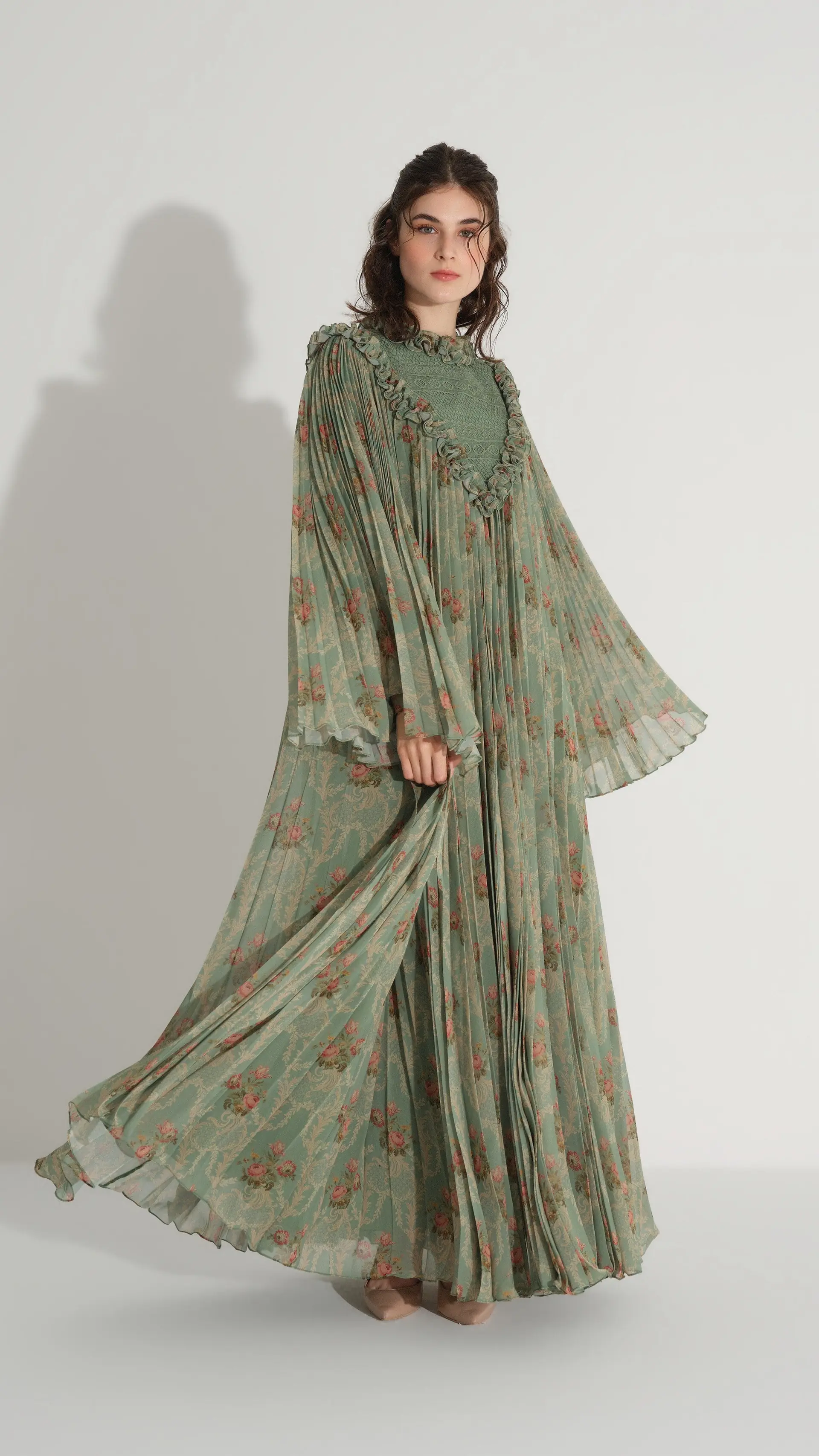 Lace & Ruffle Pleated Dress - Green, photo 5