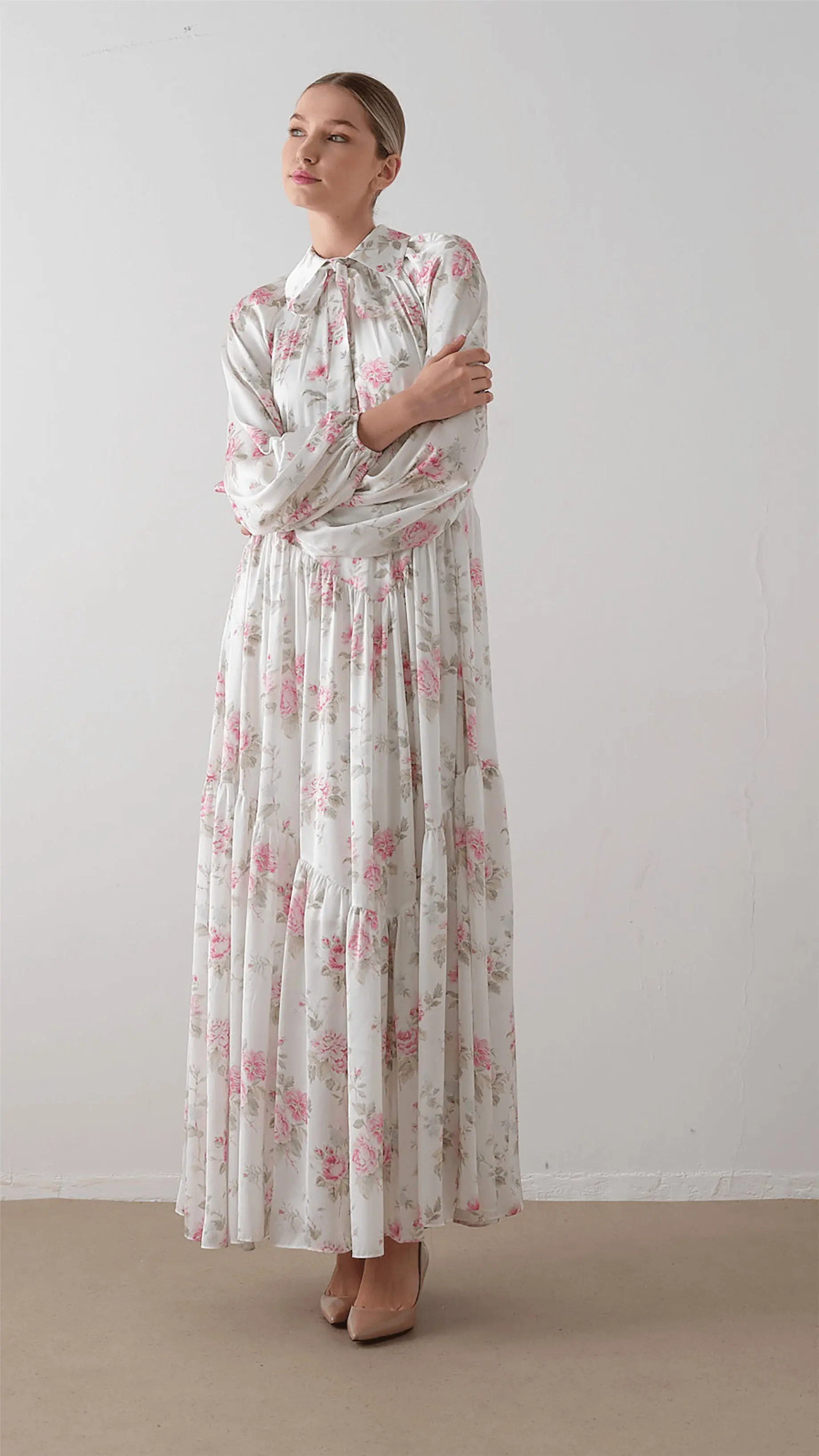 Bow-Neck Floral Chiffon Satin Dress – Cream, photo 8