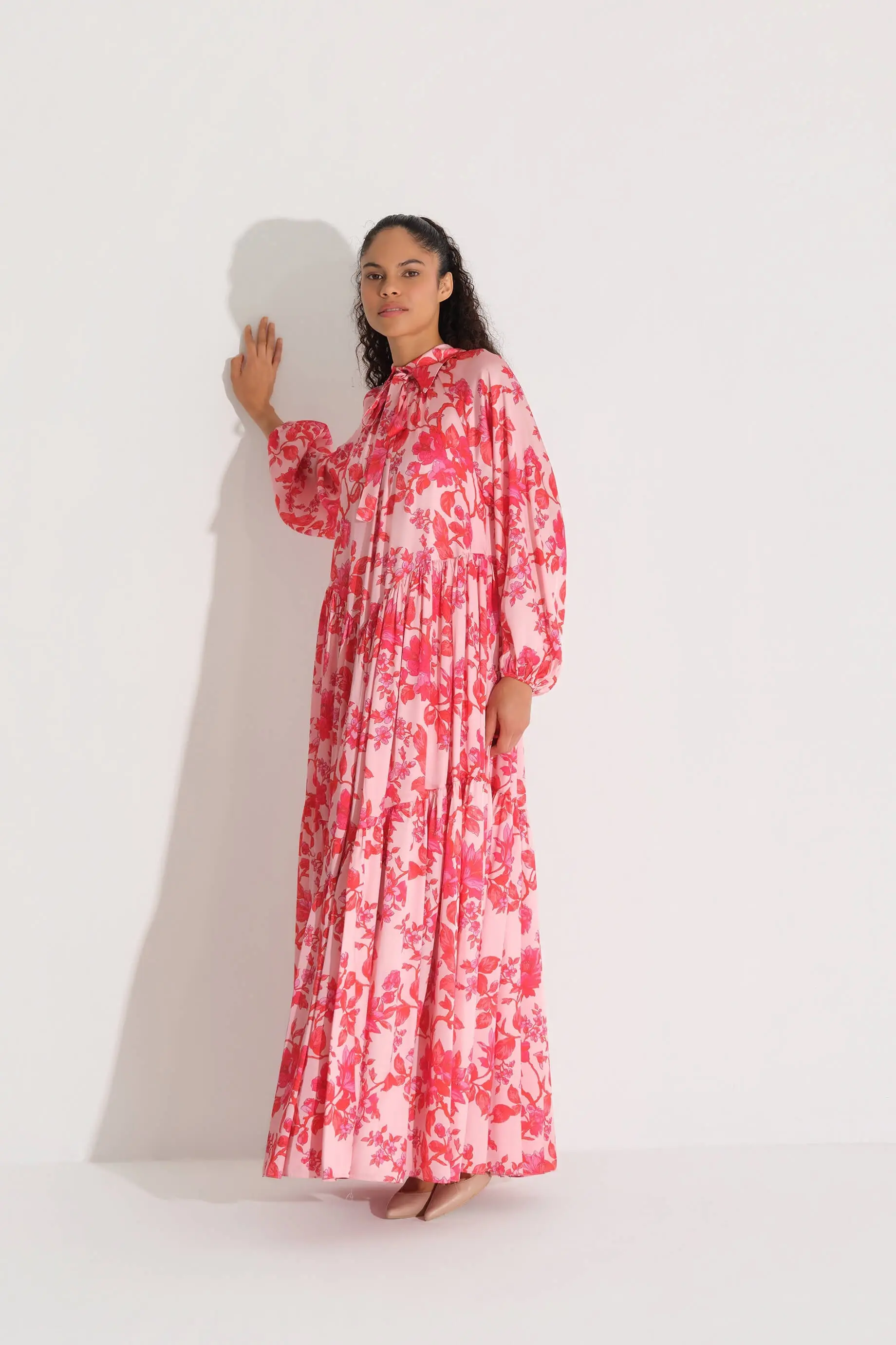 Bow-Neck Floral Satin Chiffon Dress – Red, photo 5