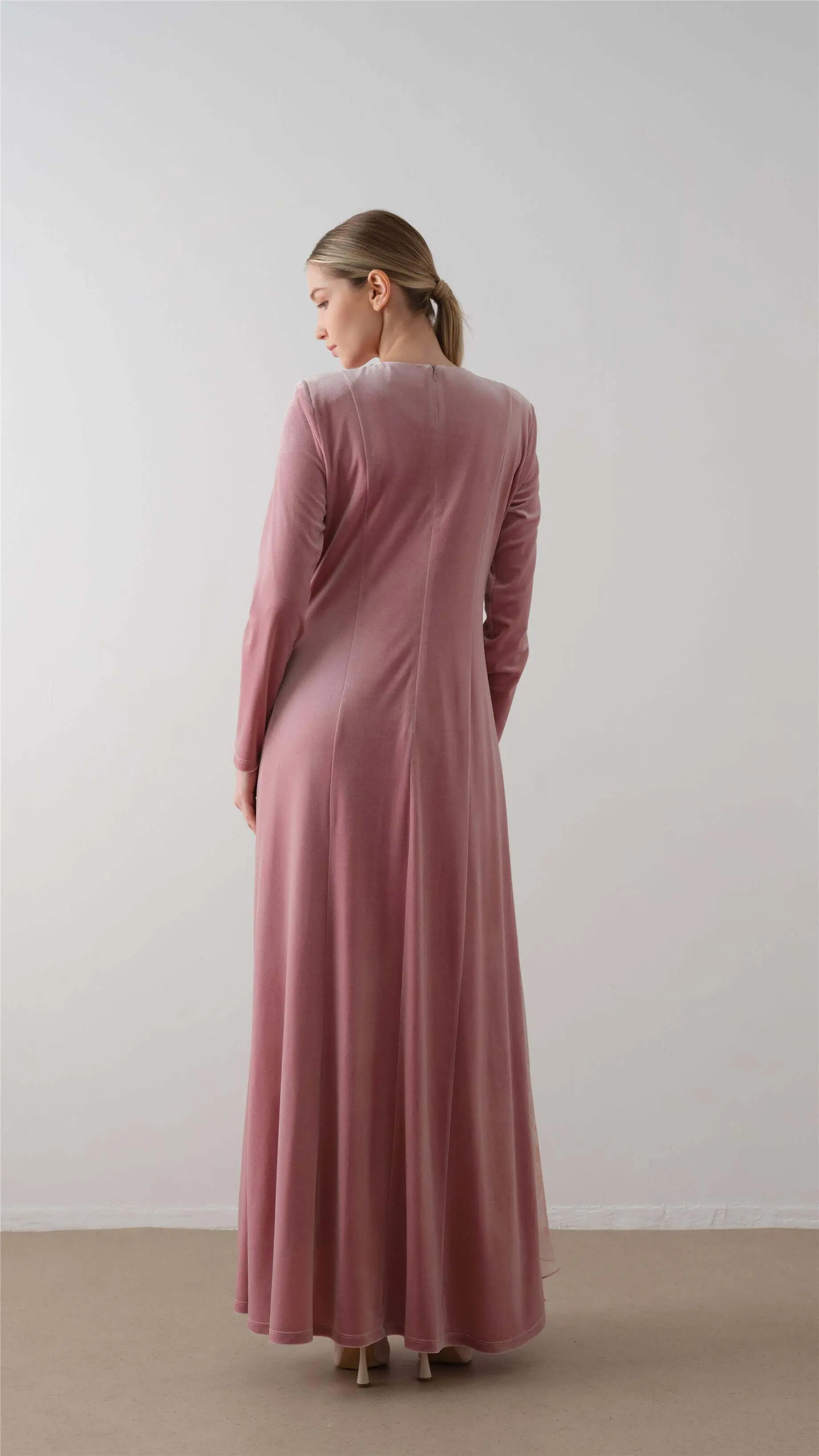 Cross-Draped Velvet Chiffon Dress – Powder Pink, photo 4