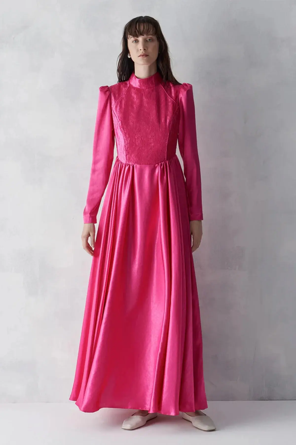 High Neck Textured Bodice Evening Gown – Fuchsia, photo 4