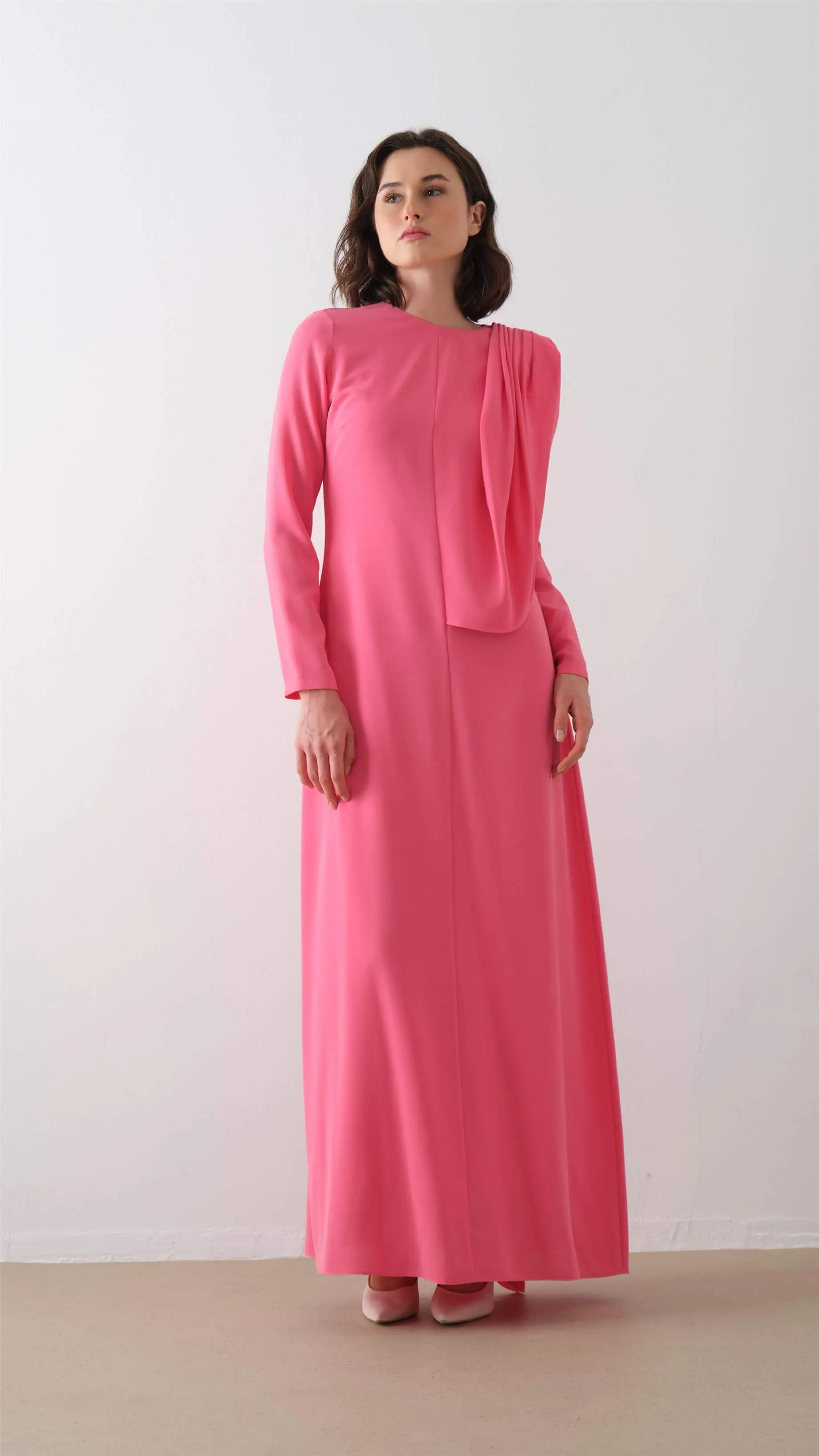 Cape-Shoulder Crepe Maxi Dress – Fuchsia