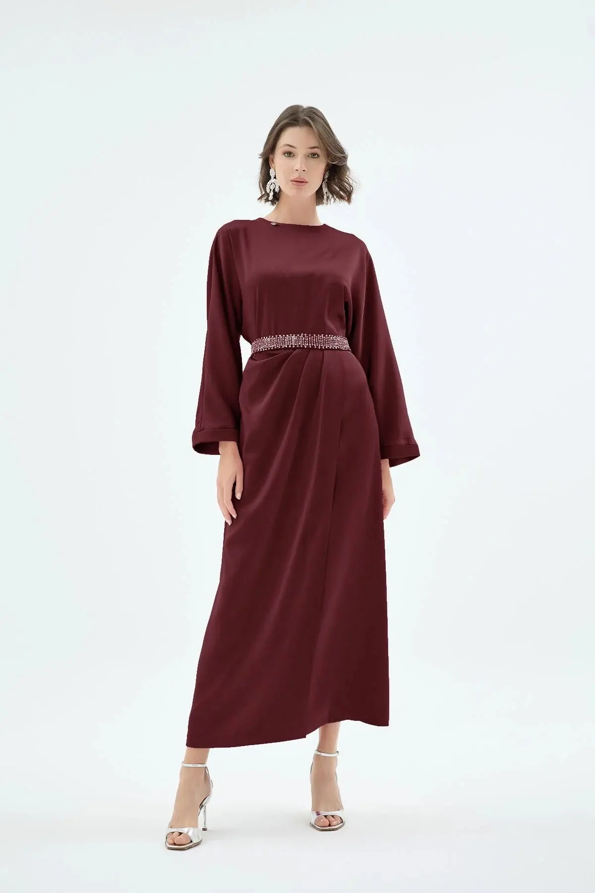 Reyna Draped Belted Dress – Bordeaux