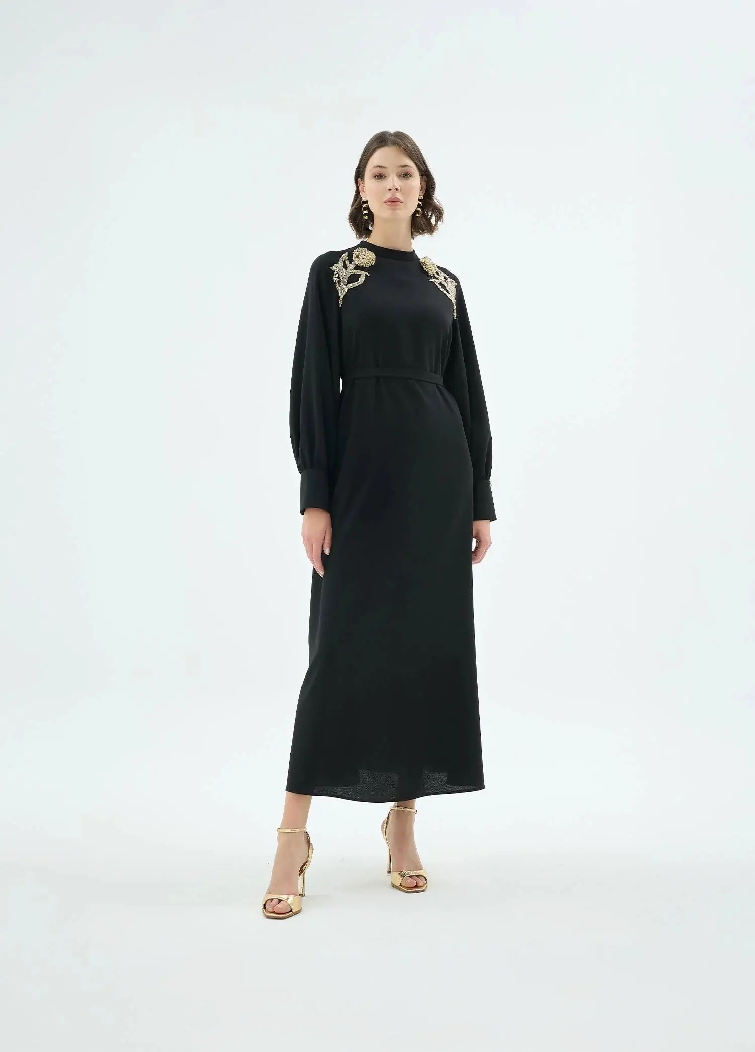 Rose Embellished Shoulder Dress – Black