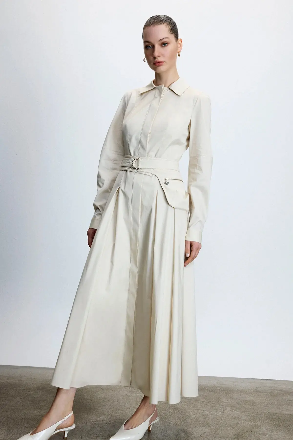 Belted Shirt-Collar Midi Dress – Ecru