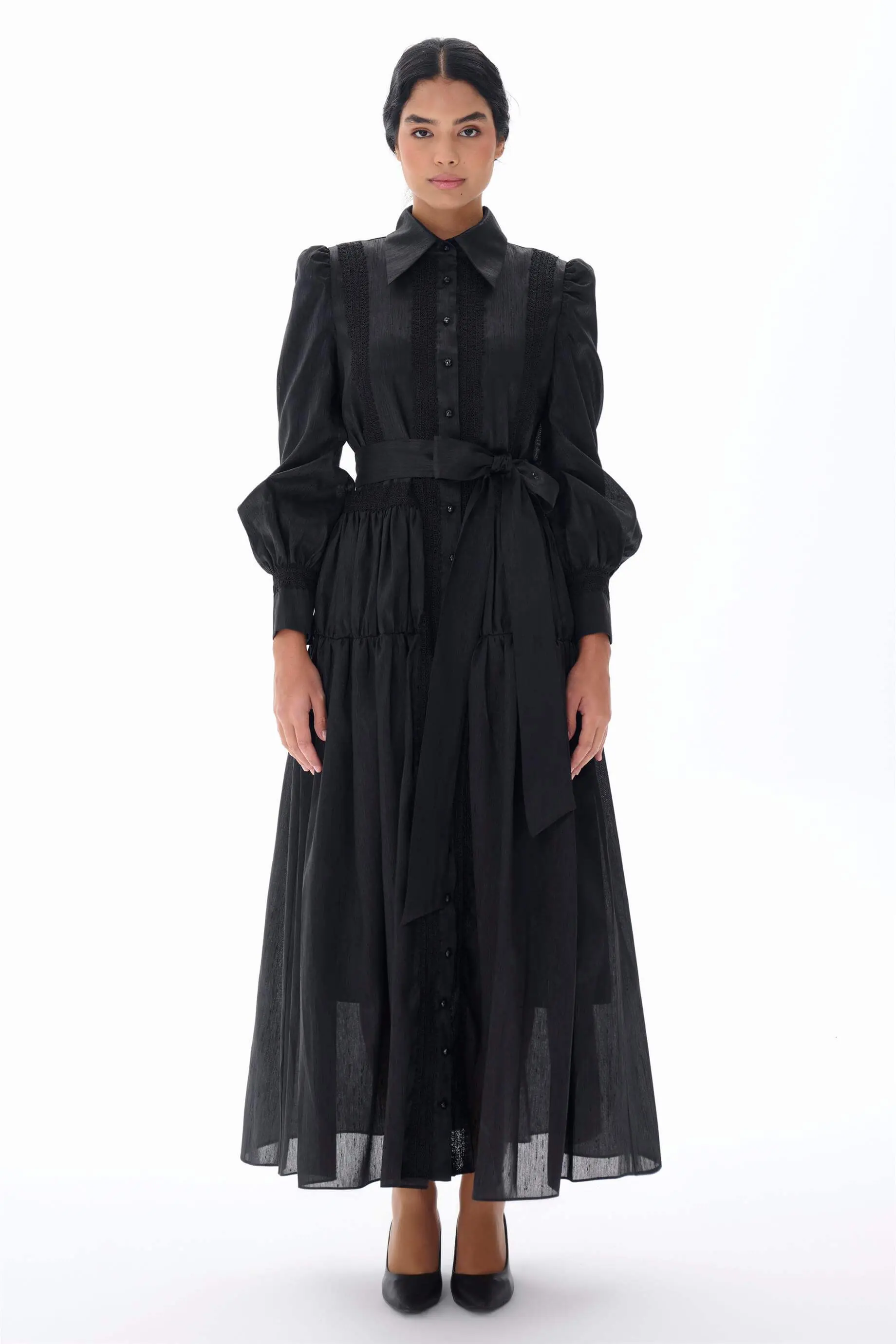 Lace Panel Belted Shirt Dress – Black