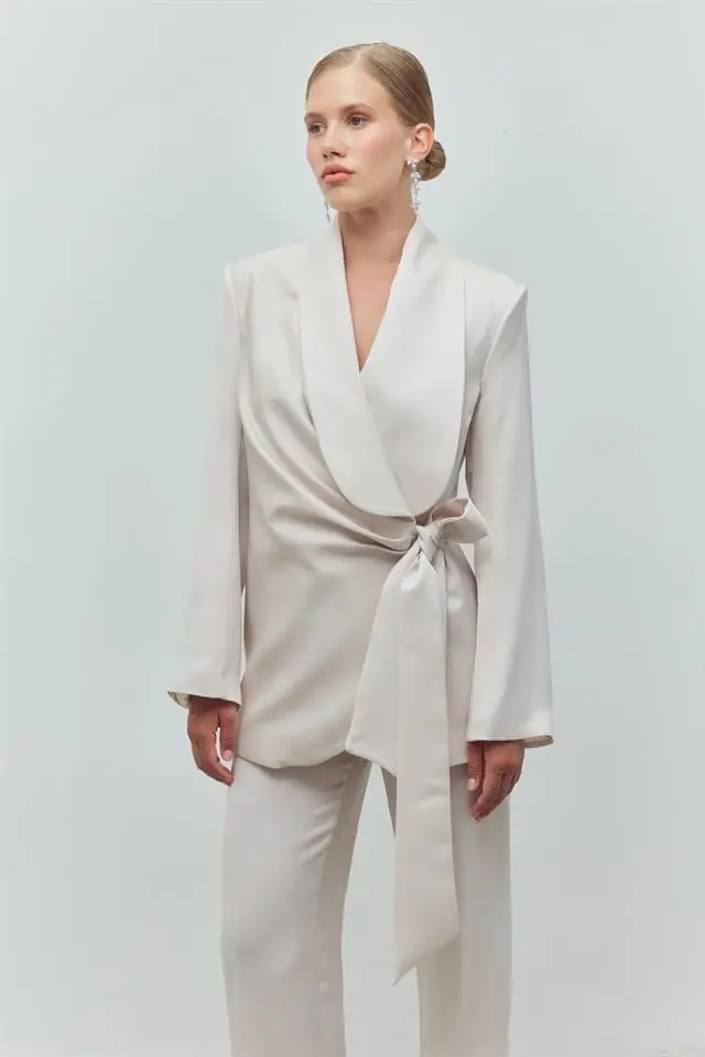 White Aura Satin Belted Set – White, photo 2