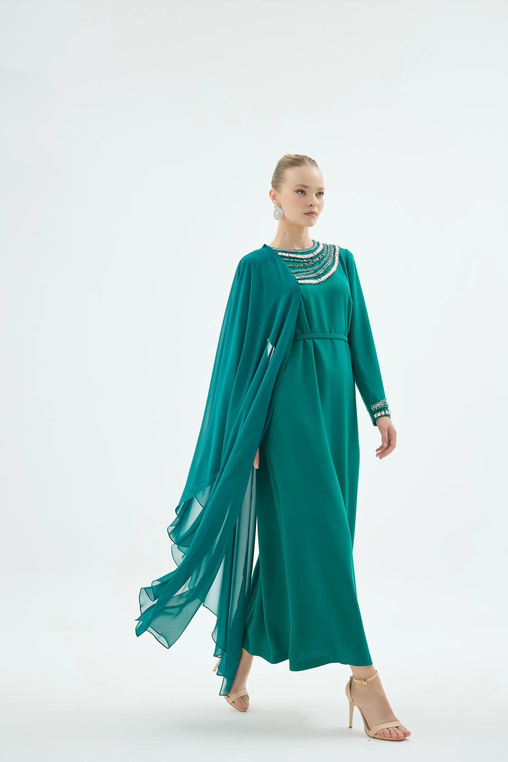 Pais Embellished Cape Dress – Emerald, photo 3