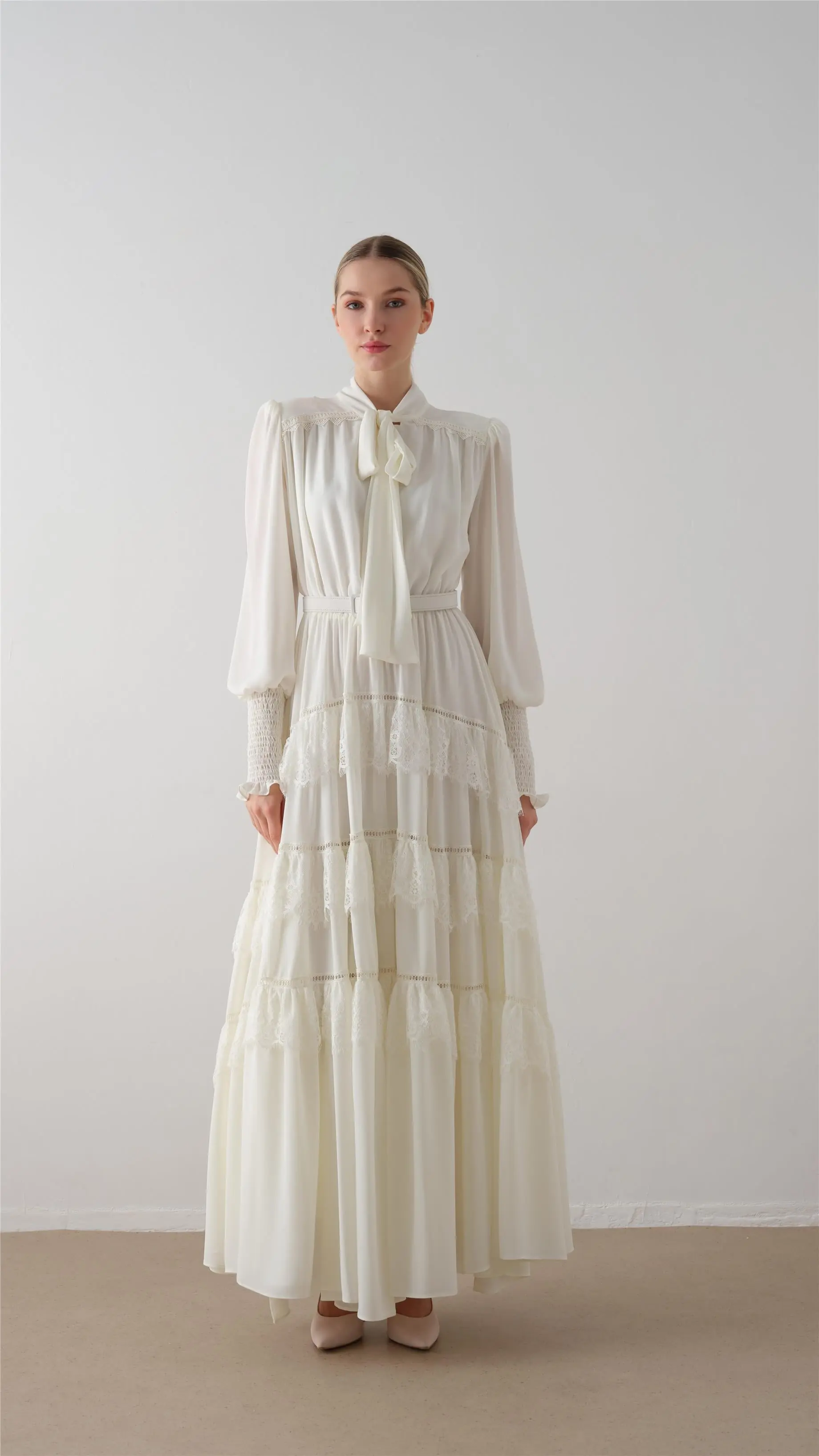 Tiered Lace Ruffle Long Dress - Ecru