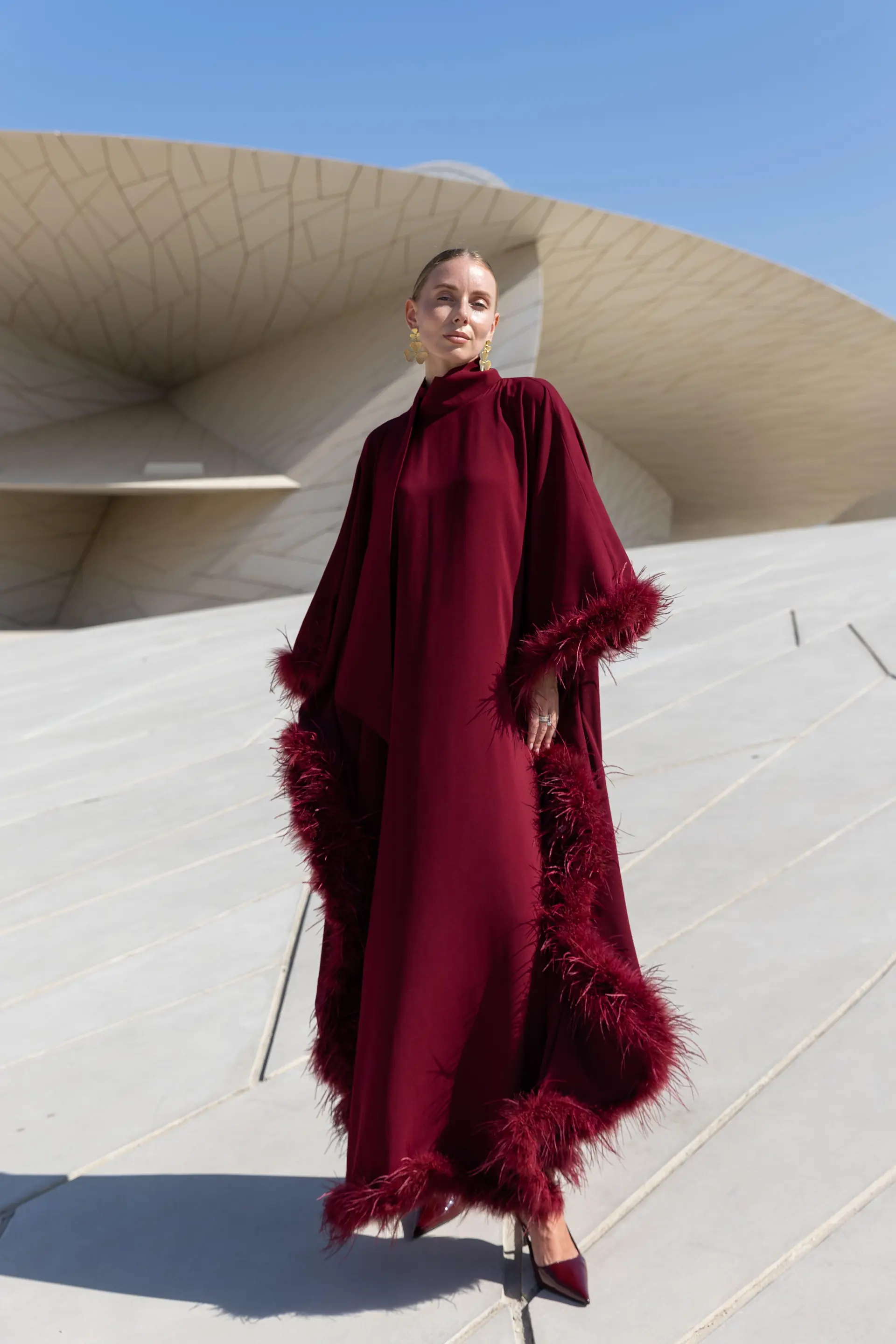 Diva Feather Kaftan – Burgundy, photo 3