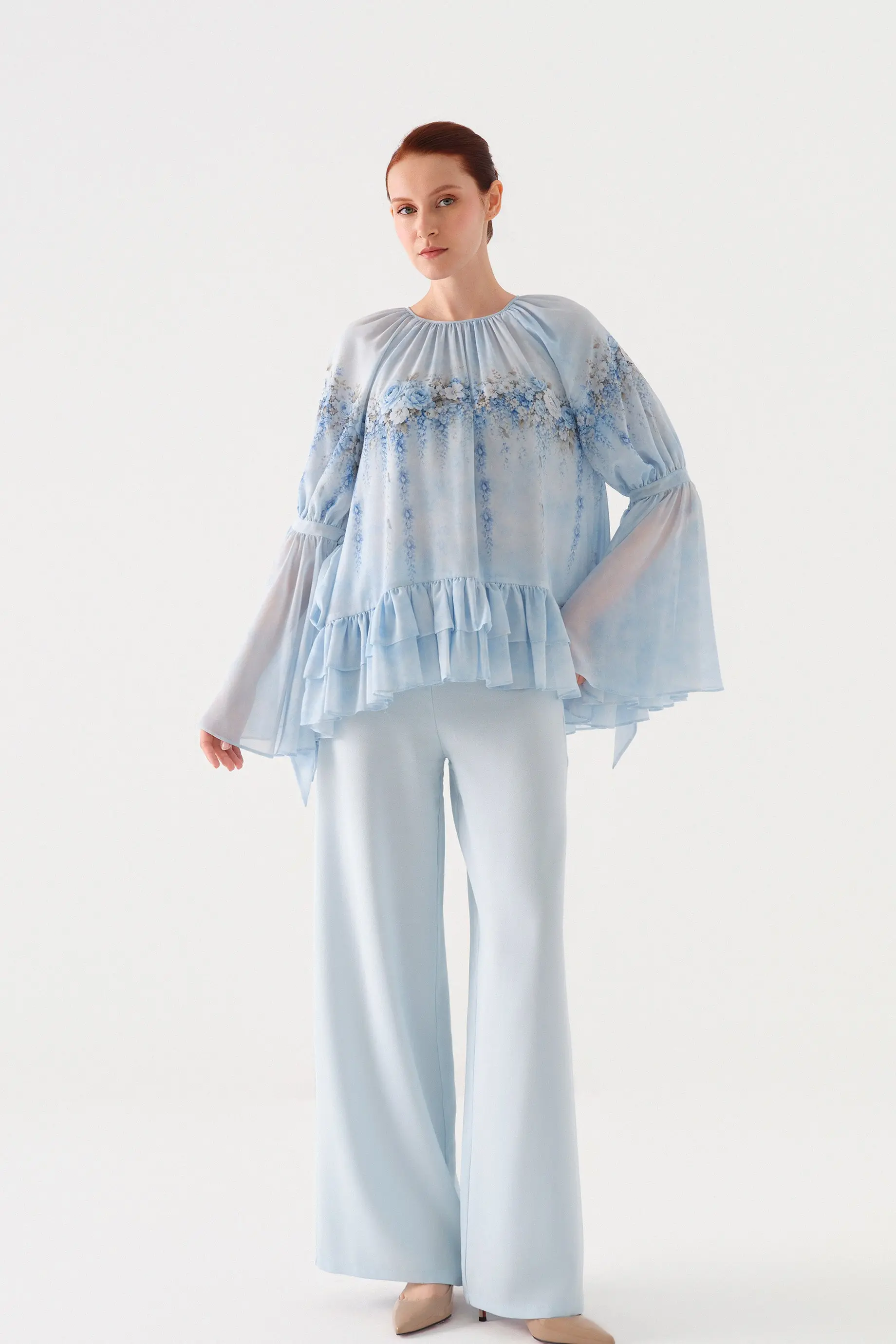 Floral-Print Chiffon Tunic and Wide-Leg Trousers Set – Blue, photo 3