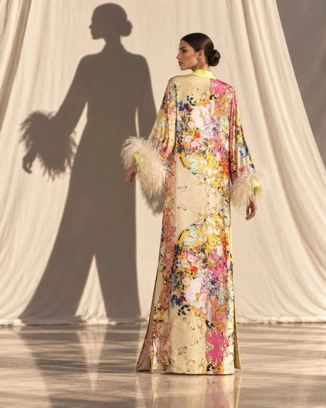 Rita Floral Kimono with Ostrich Feather Trim - Lime Green, photo 5