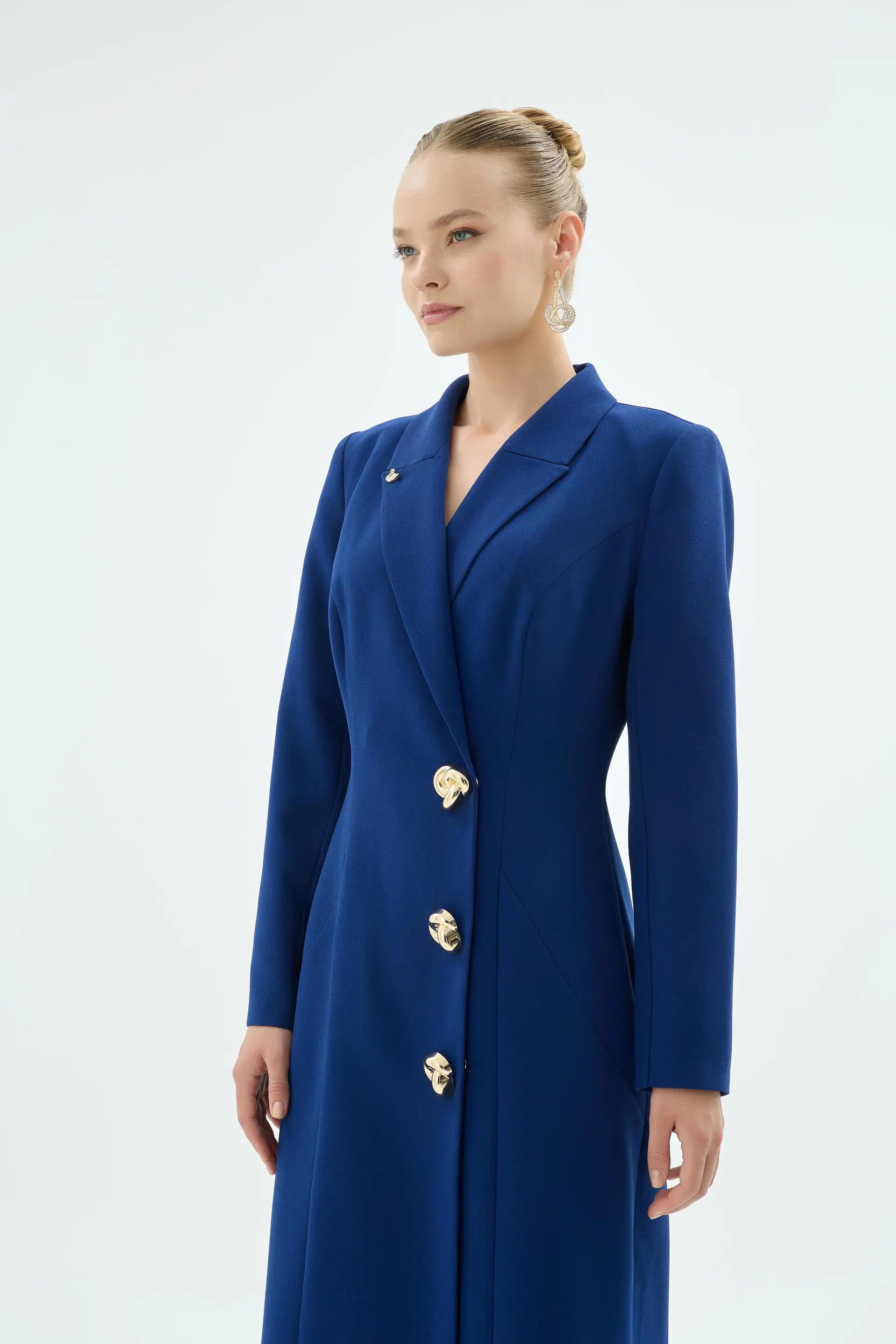 Tailored Blazer Collar Buttoned Dress – Navy, photo 2