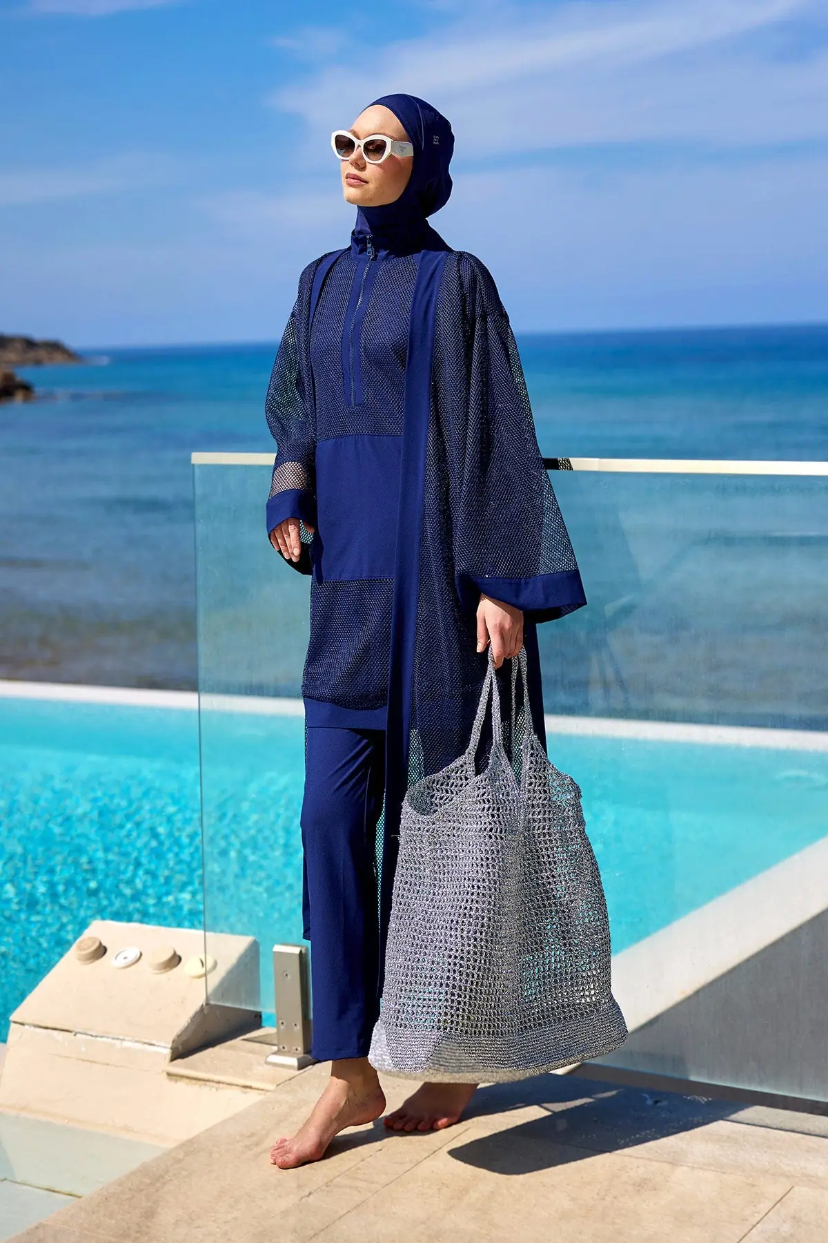 Navy Full Length Modest Mesh Kimono – Lightweight Islamic Swim Cover P2501-2, photo 4