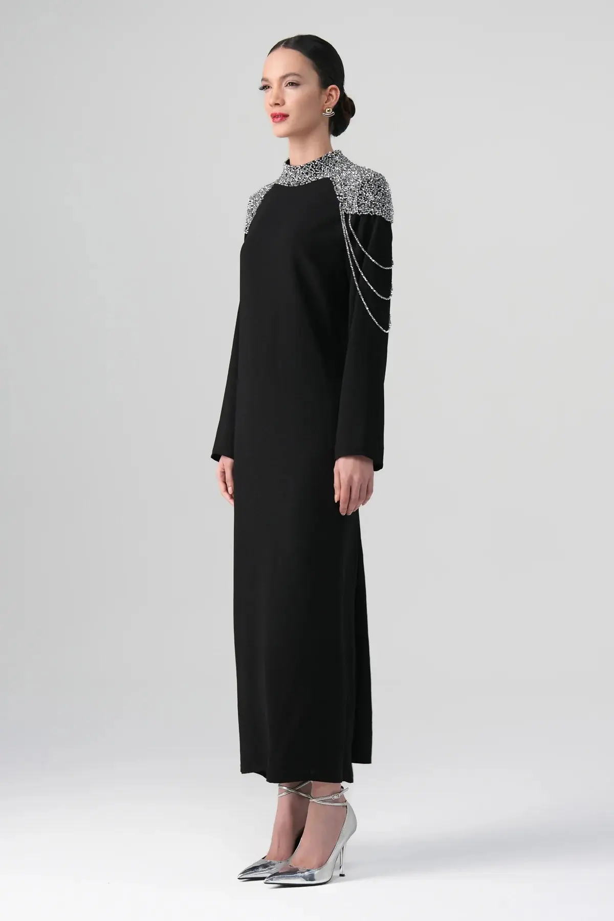 Mirella Crystal Draped Shoulder Dress – Black, photo 5