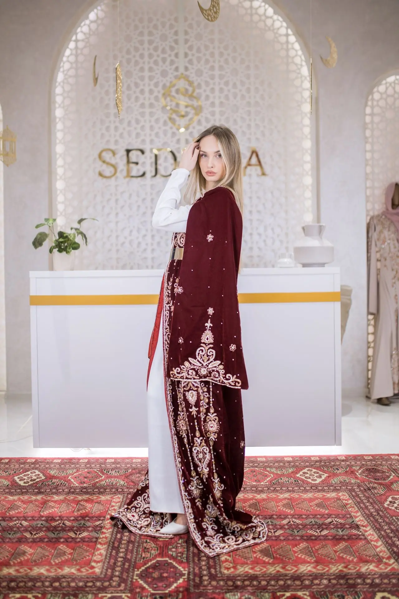 Goldline Couture Embellished Velvet Kaftan – Deep Red, photo 5