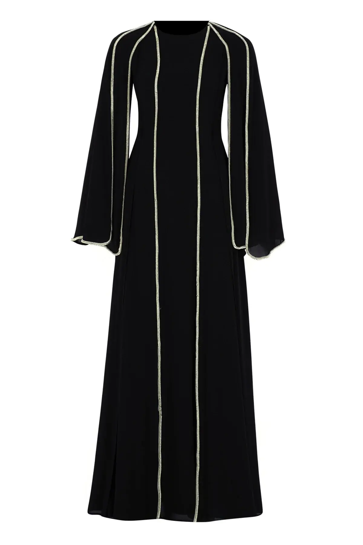 Long Cape-Sleeve Embellished Evening Dress – Black