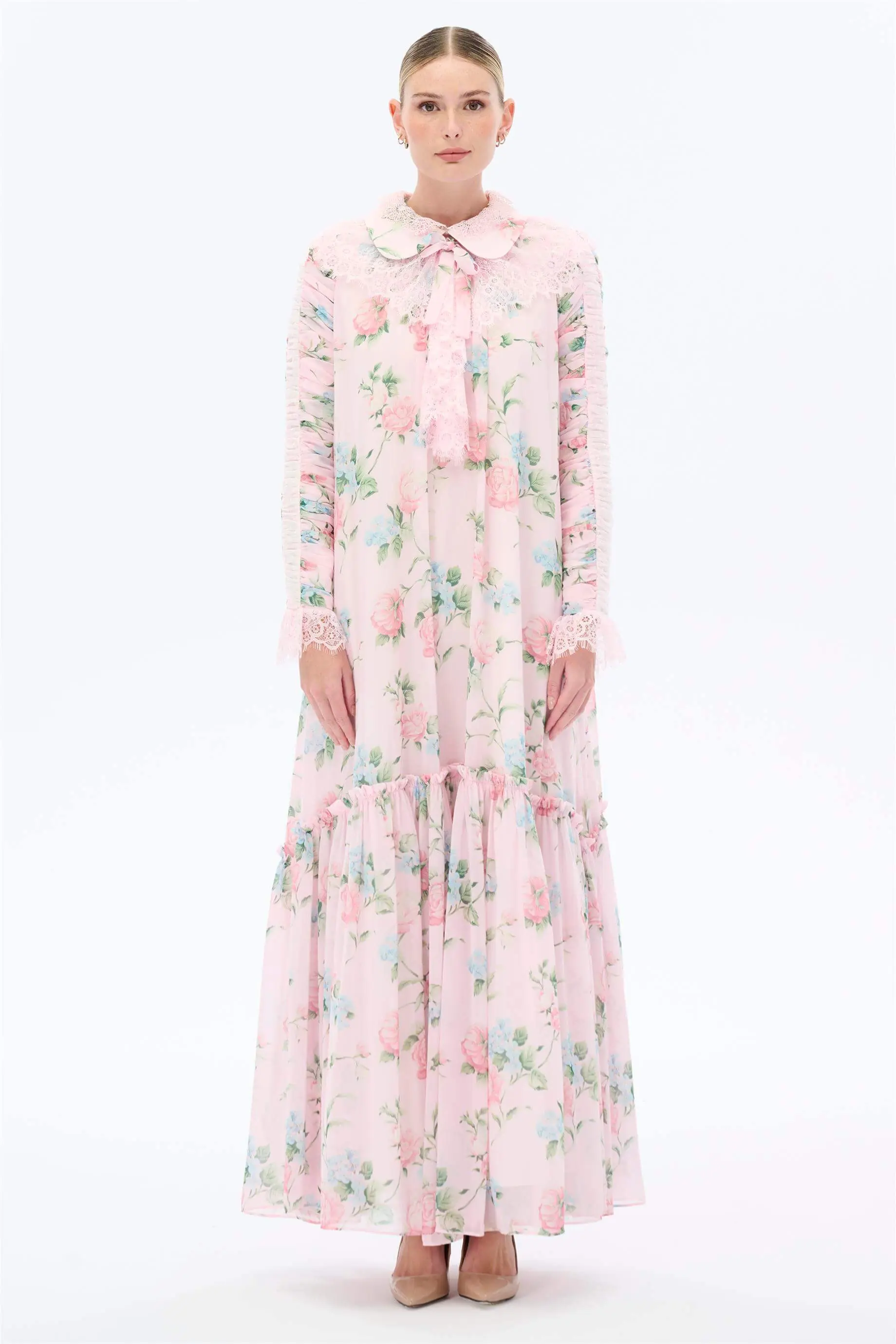 Peony-Print Gathered Sleeve Dress – Pink