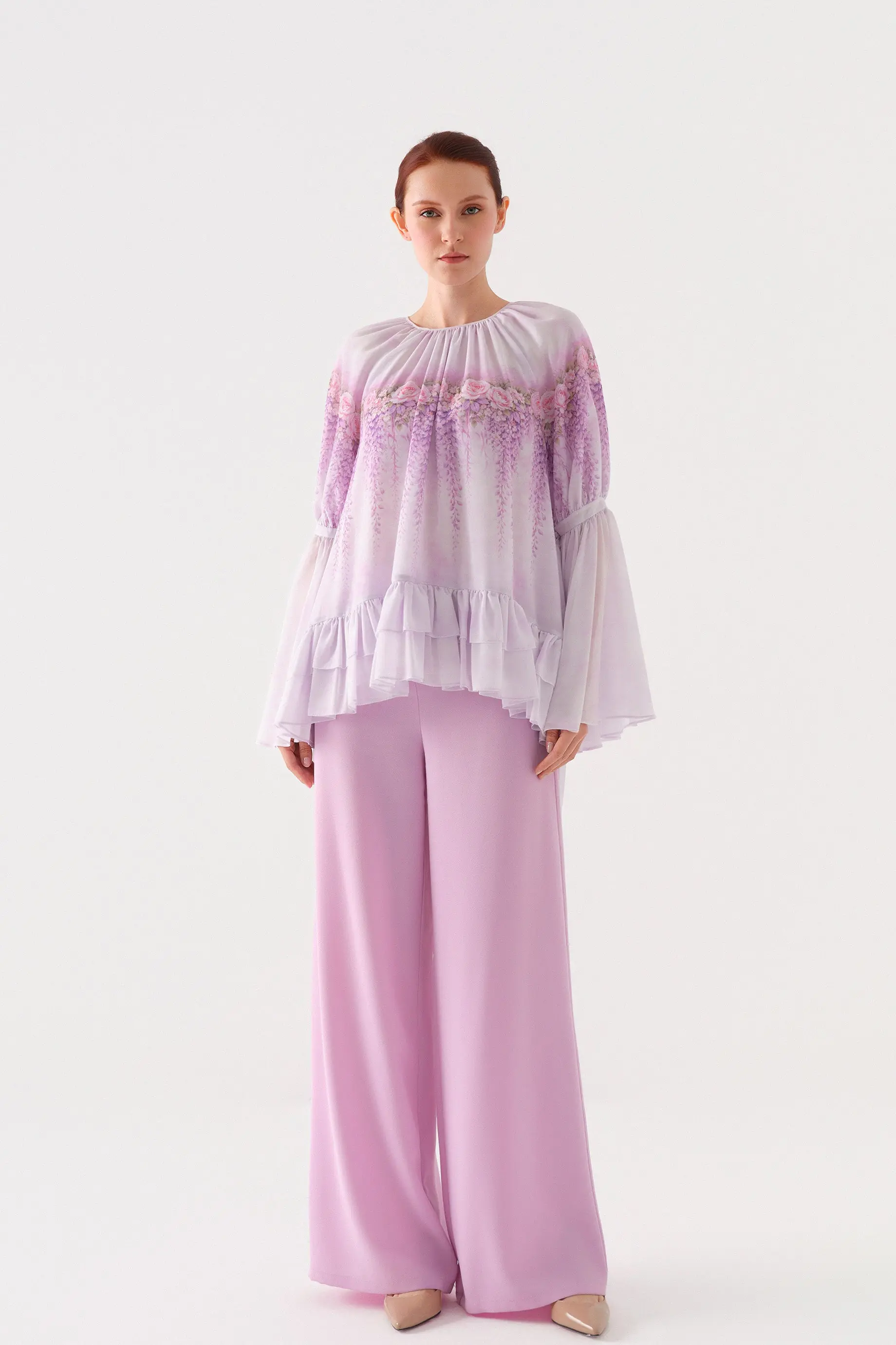 Floral-Print Chiffon Tunic and Wide-Leg Trousers Set – Lilac