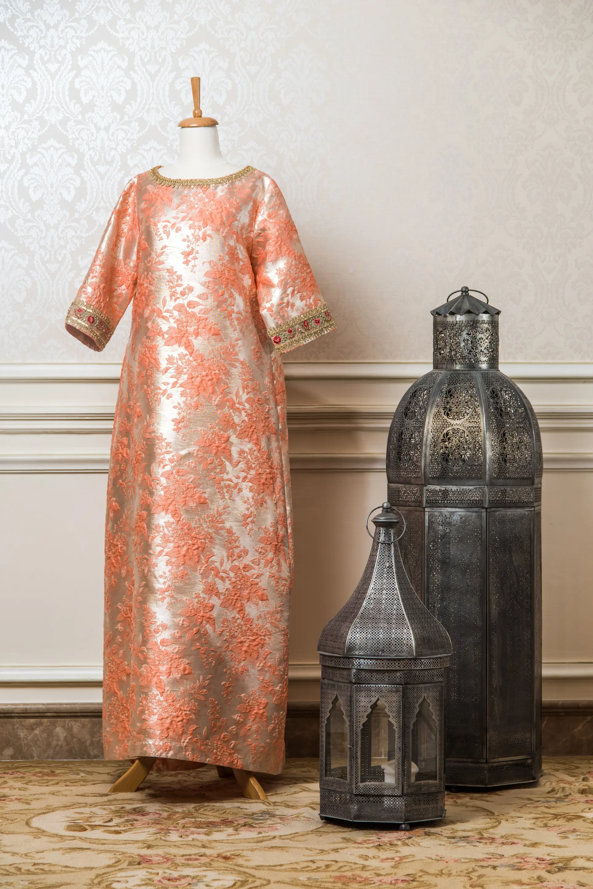 Peach & Gold Maharaja Jacquard Silk Kaftan with Embroidery