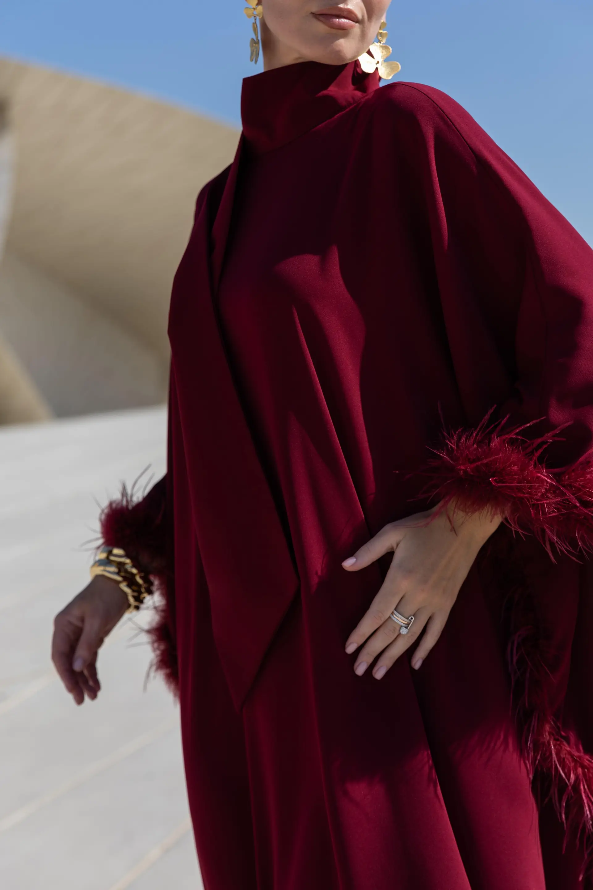 Diva Feather Kaftan – Burgundy, photo 2