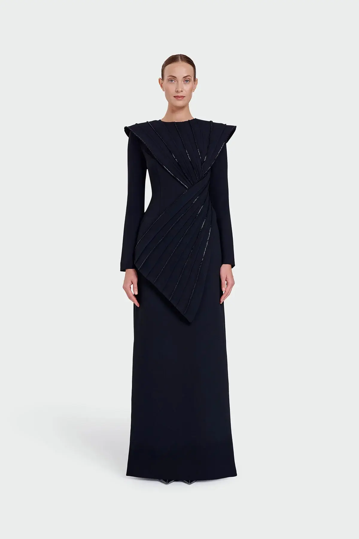 Asymmetric Strip Detail Evening Dress - Black