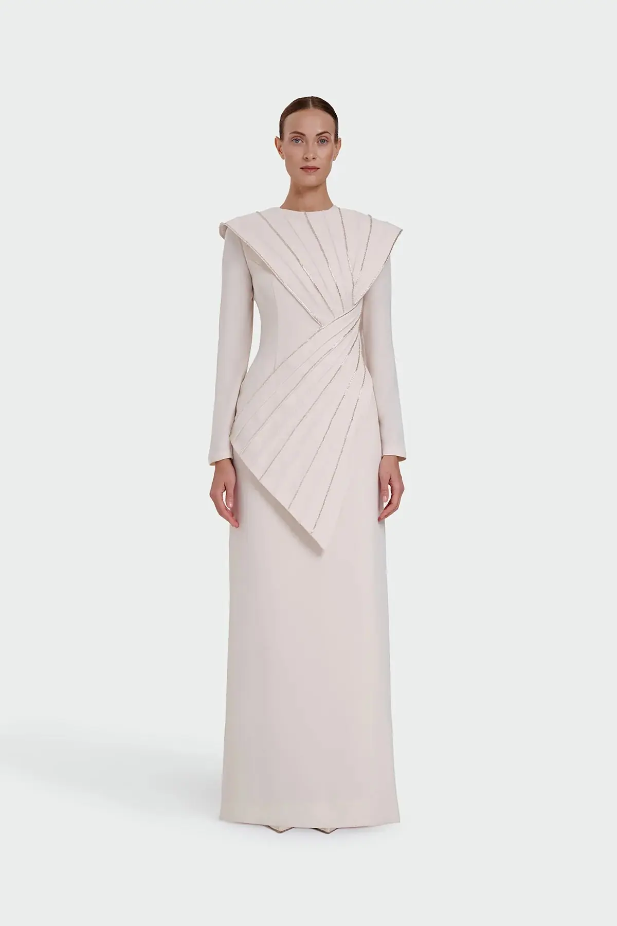 Asymmetric Strip Detail Evening Dress - Cream